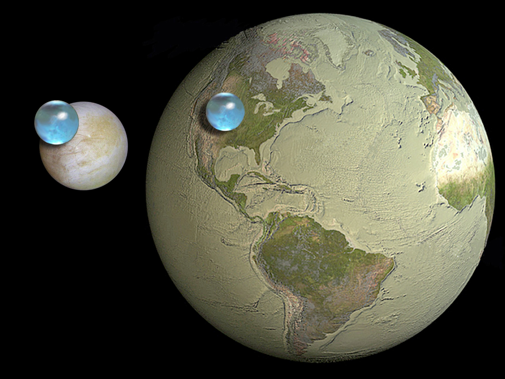 Ocean worlds: If you could collect every drop of water on Europa and every drop of water on Earth into a single giant bead, and Europa's bead wins (Kevin Hand—JPL/Caltech),
                      Jack Cook—Woods Hole Oceanographic Institution, Howard Perlman—USGS)