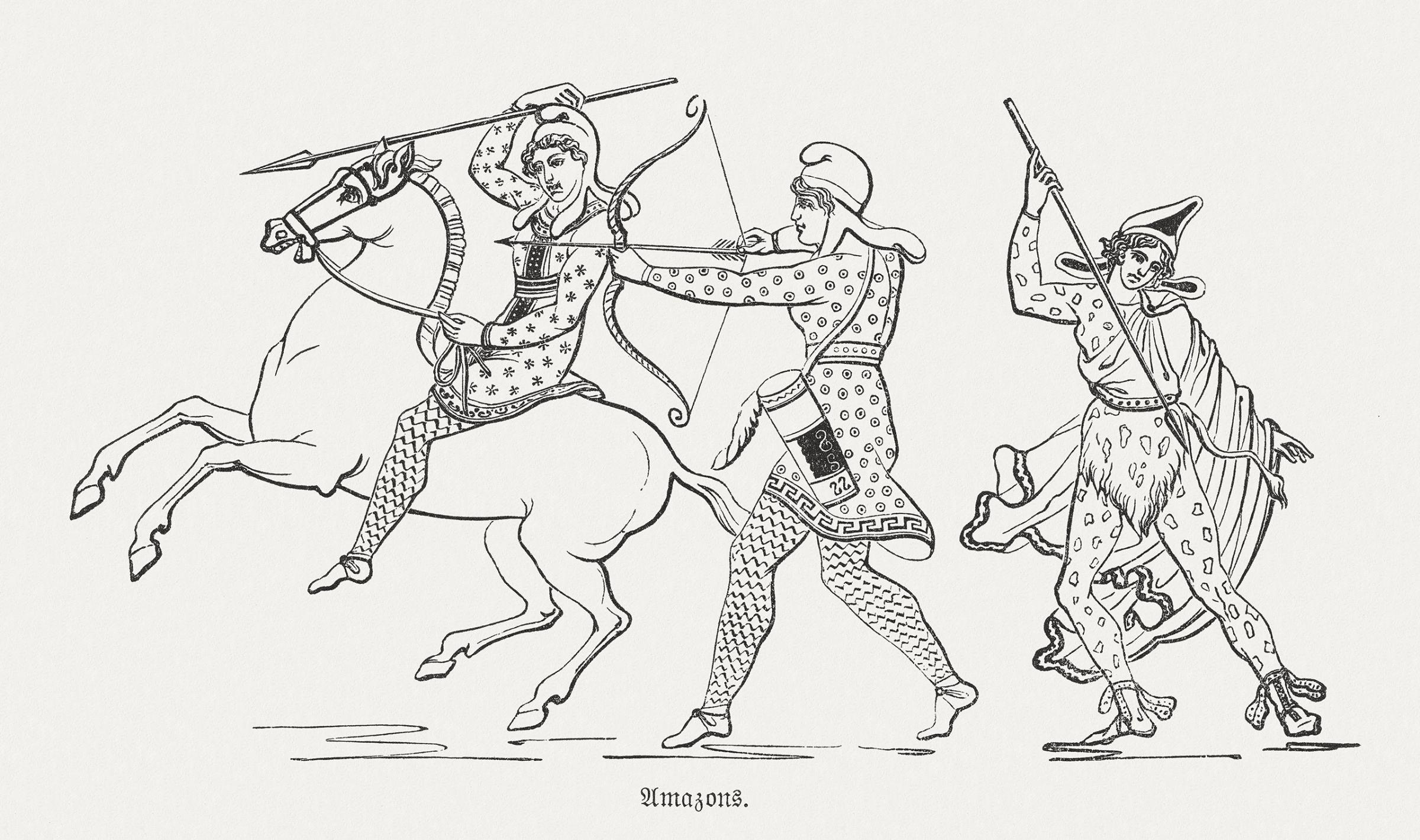 Amazon queen and amazons depicted in a wood engraving, 1880.