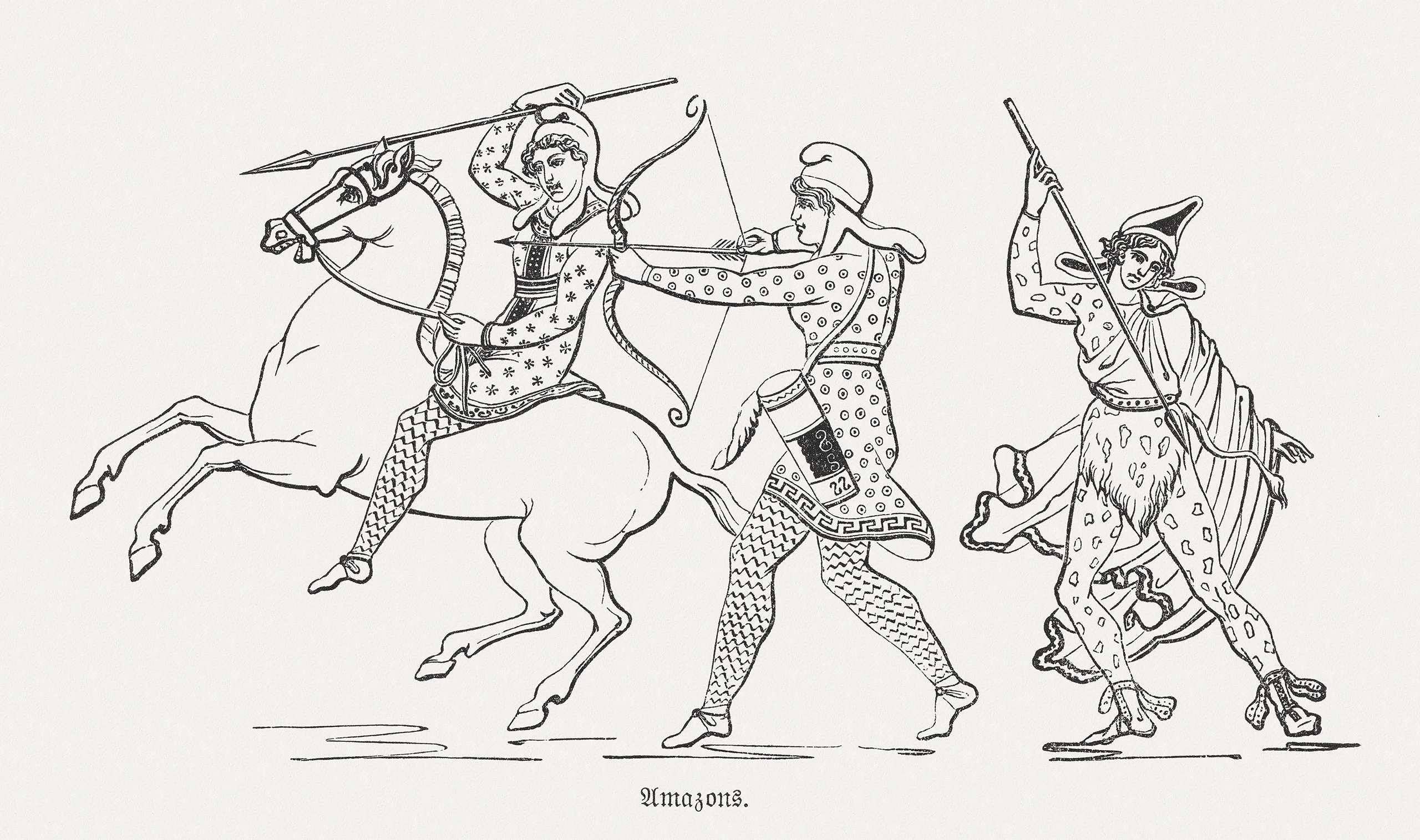 Amazon queen and amazons depicted in a wood engraving, 1880. (ZU_09/Getty Images)