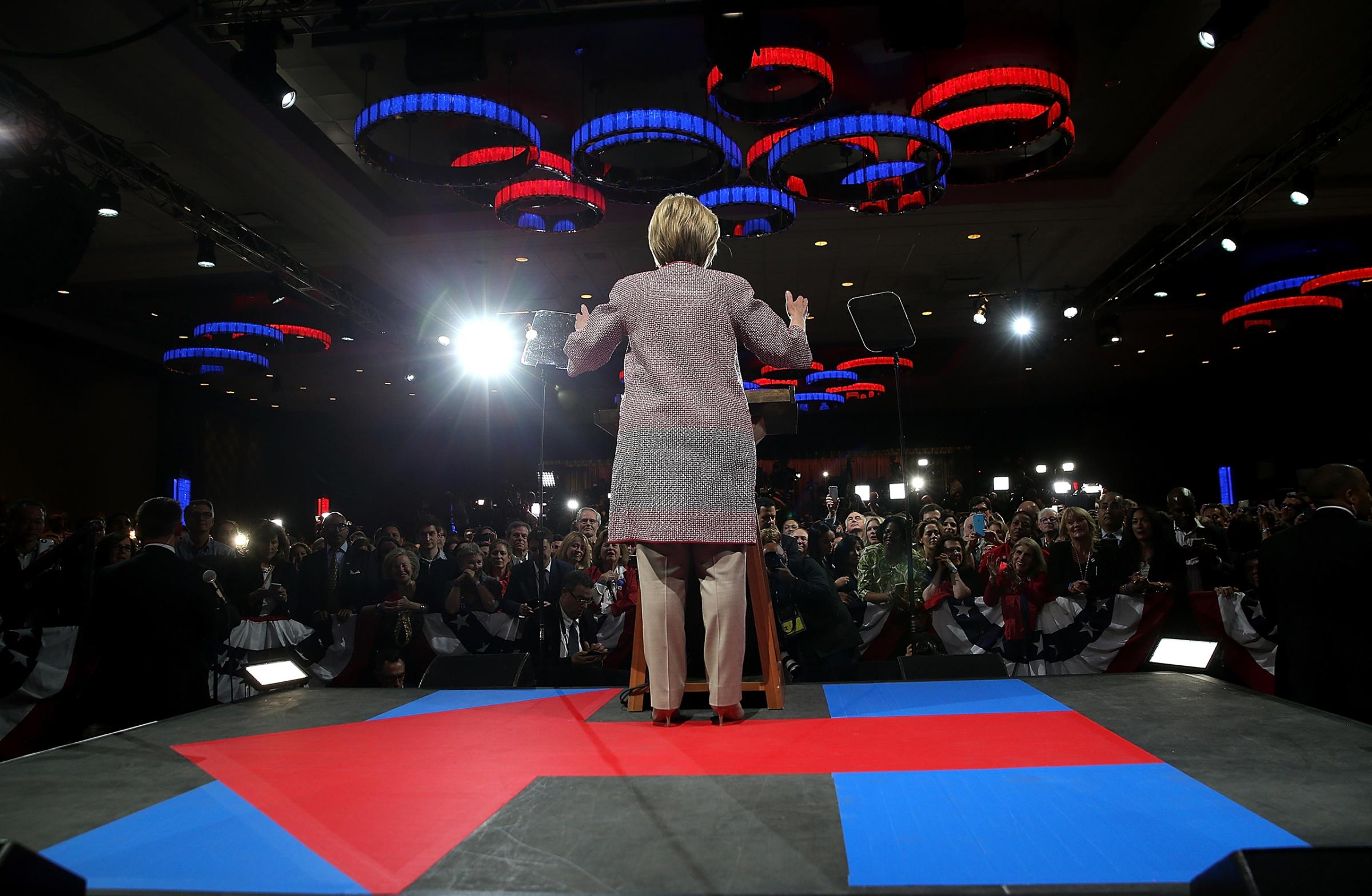 Hillary Clinton speaks during a primary election night gathering in New York City on April 19, 2016.