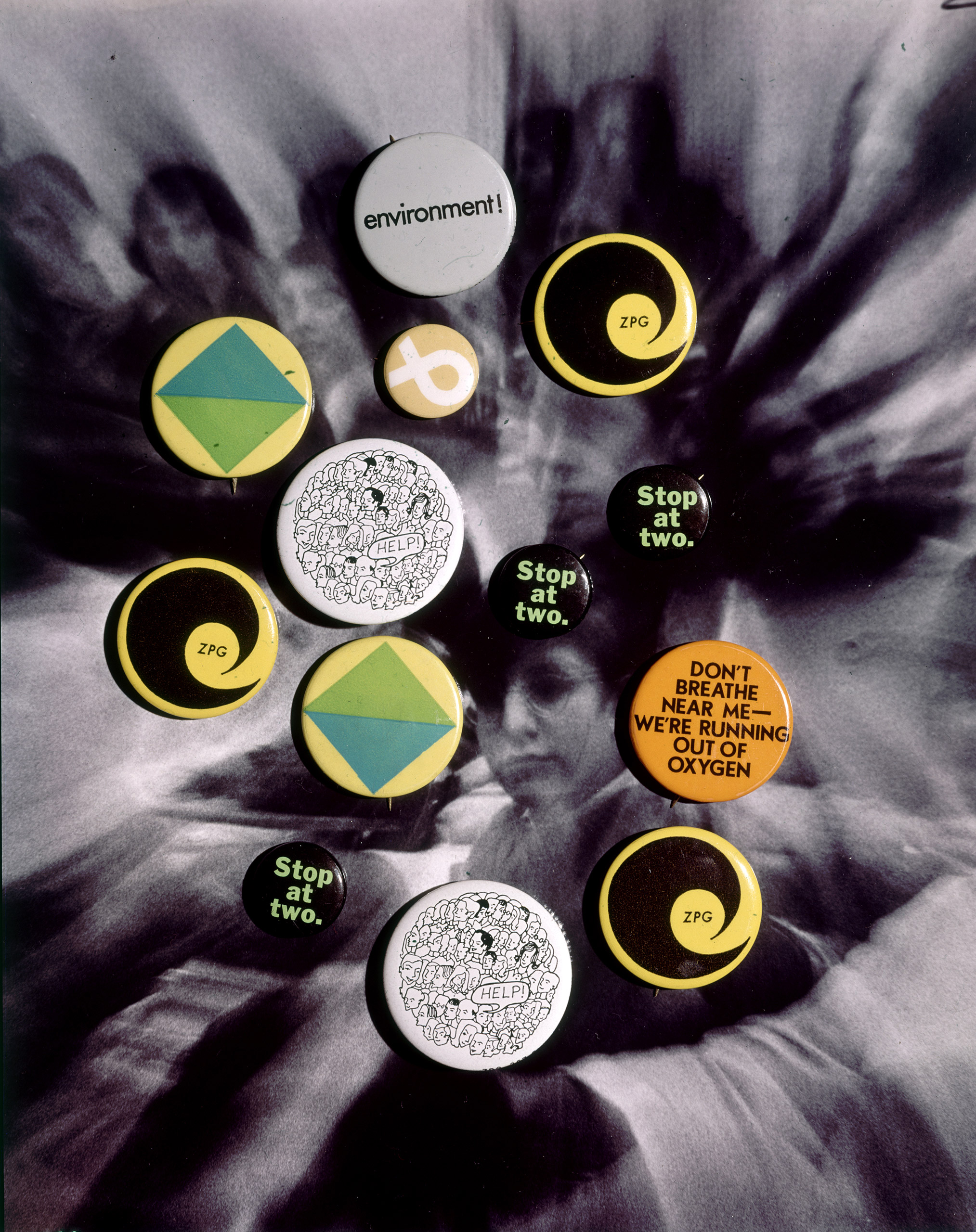 Ecology and population control buttons from the Zero Population Growth movement at Ithaca College NY 1970.