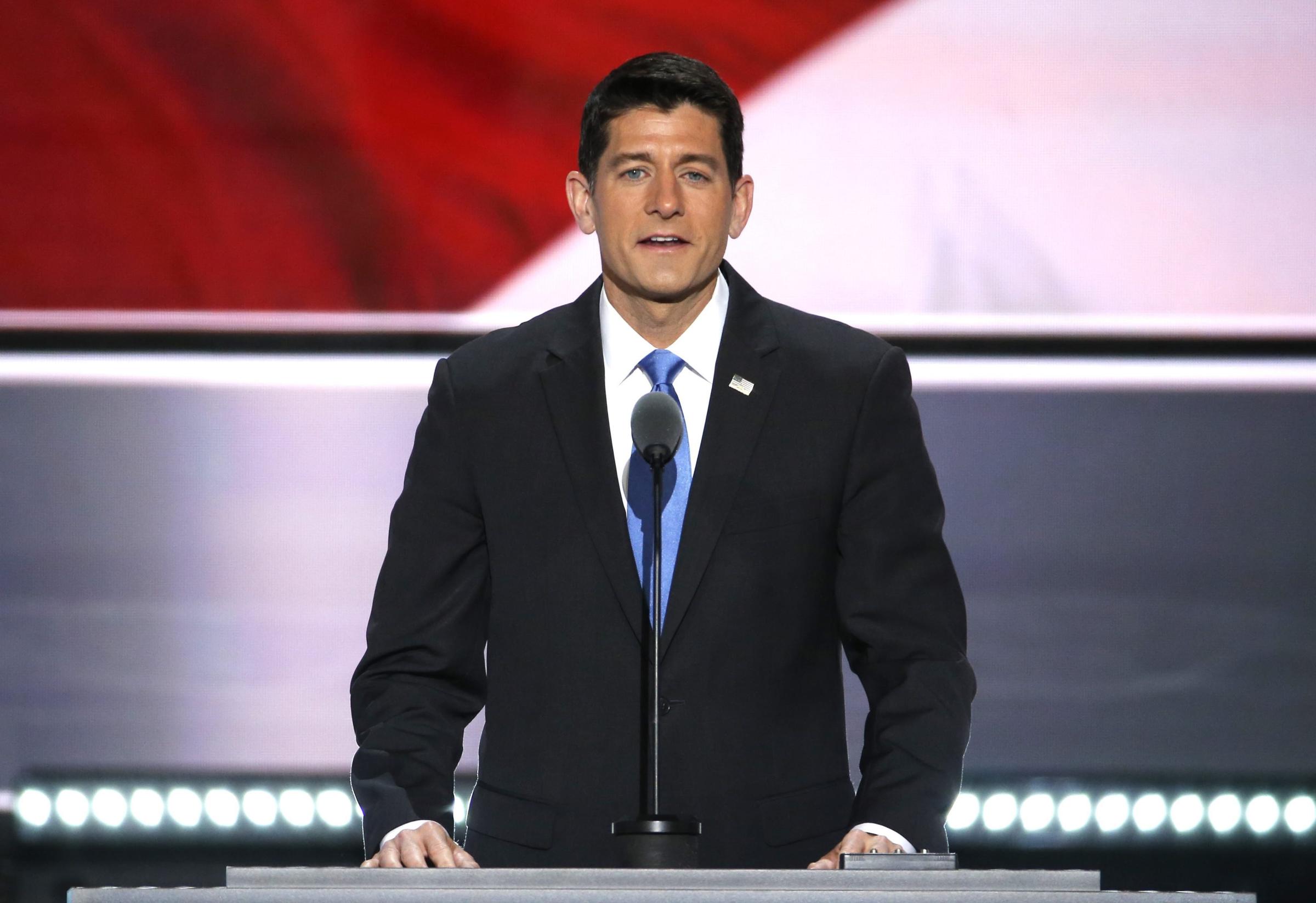 Speaker of the House and Permanent Chair of the Republican National Convention Paul Ryan delivers remarks on stage at the Quicken Loans Arena on the second day of the 2016 Republican National Convention in Cleveland, July 19, 2016.