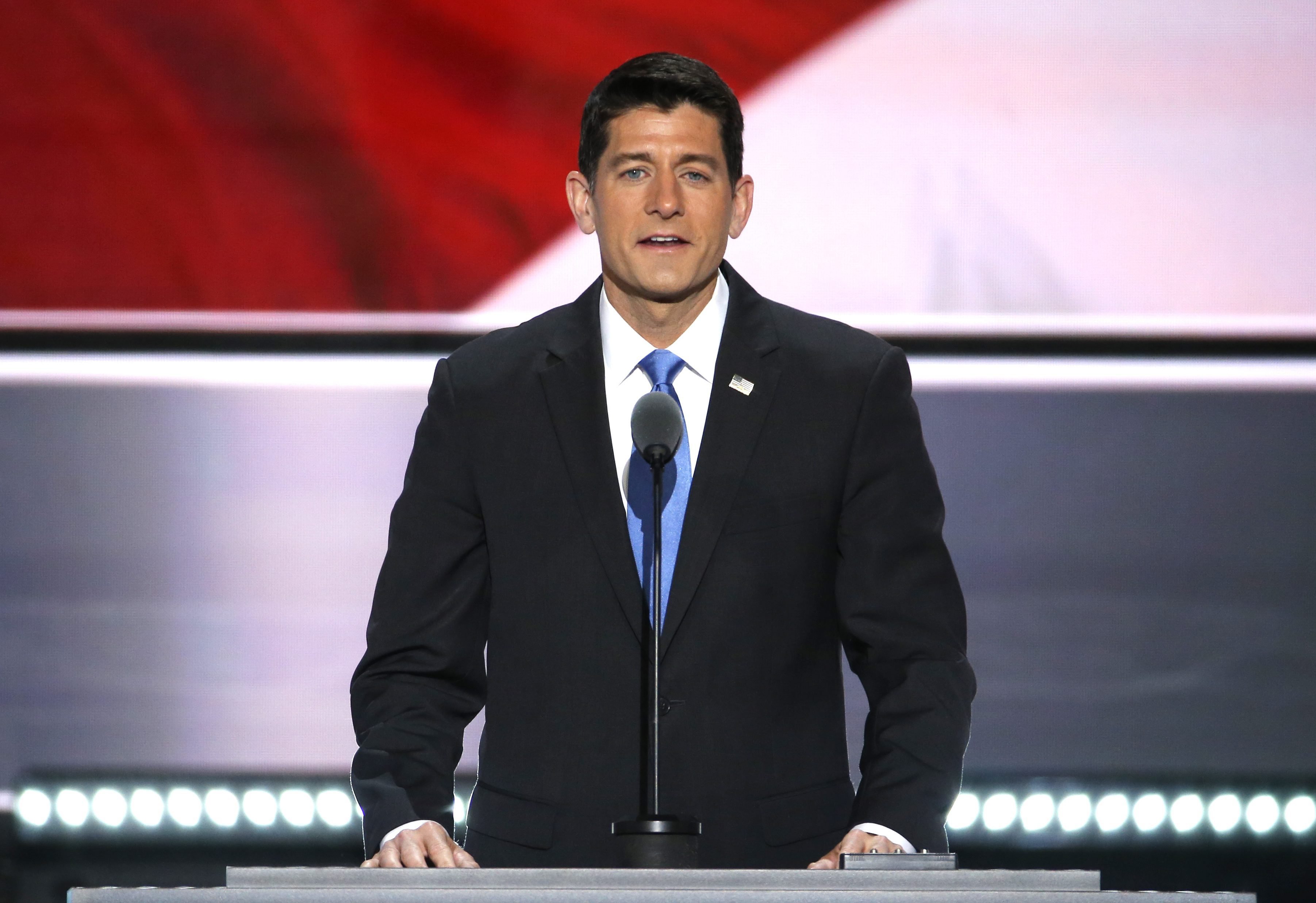 Speaker of the House and Permanent Chair of the Republican National Convention Paul Ryan delivers remarks on stage at the Quicken Loans Arena on the second day of the 2016 Republican National Convention in Cleveland, July 19, 2016. (Shawn Thew—EPA)