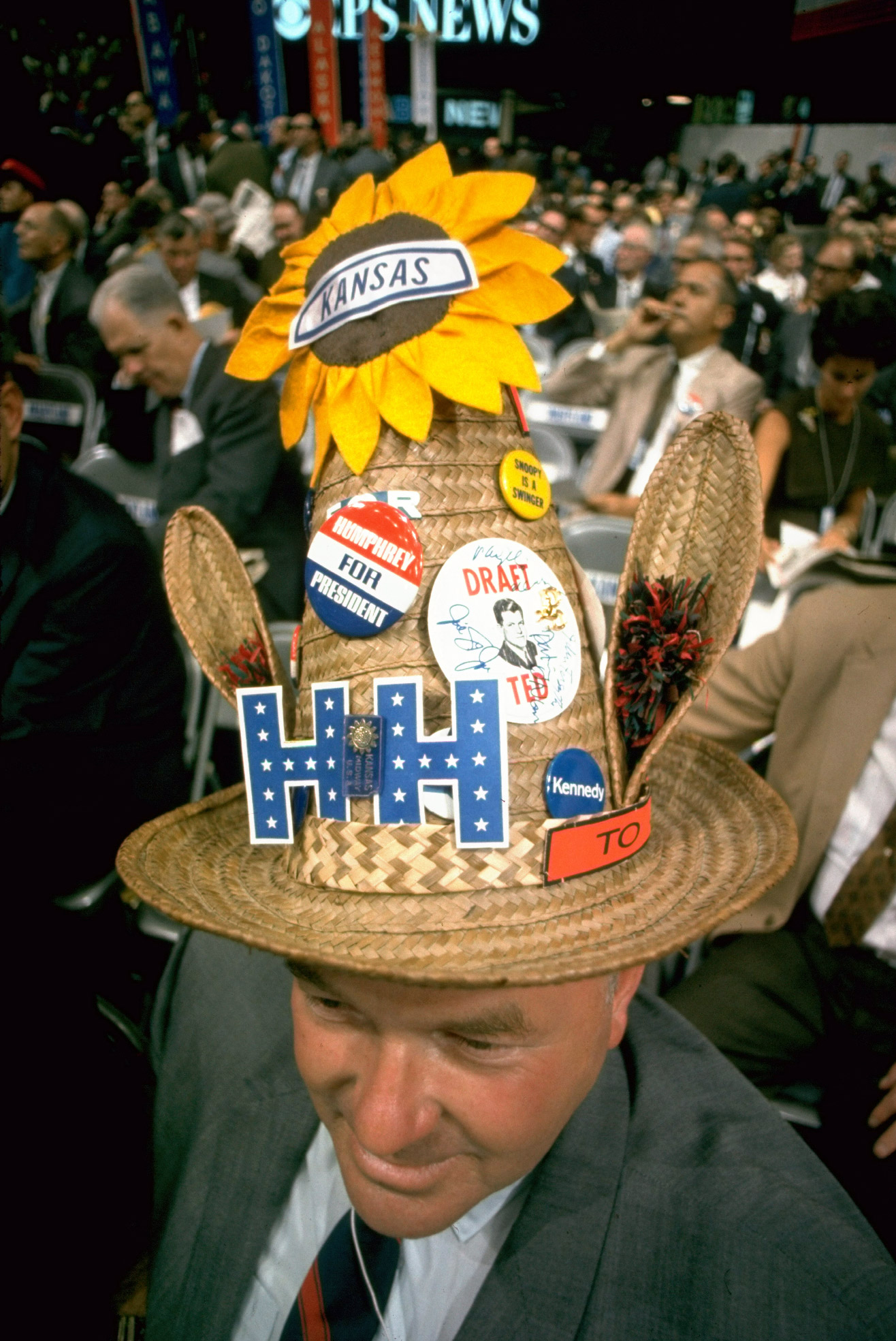 Colorful hat supporting Hubert Humphrey at the Democratic National Convention, 1968.