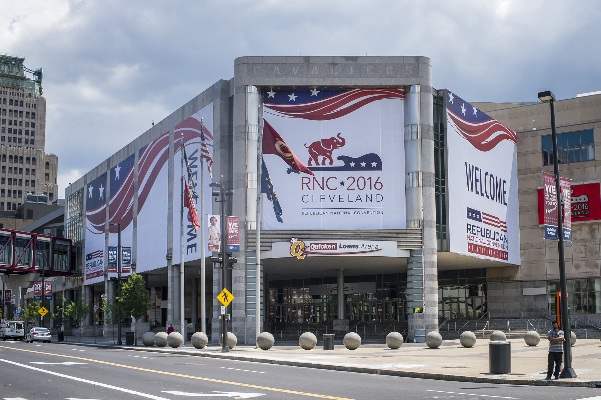 Quicken Loans Arena is decorated to welcome the Republican National Convention on July 11, 2016 in Cleveland, Ohio. The convention will be held at the arena July 18-21, 2016.