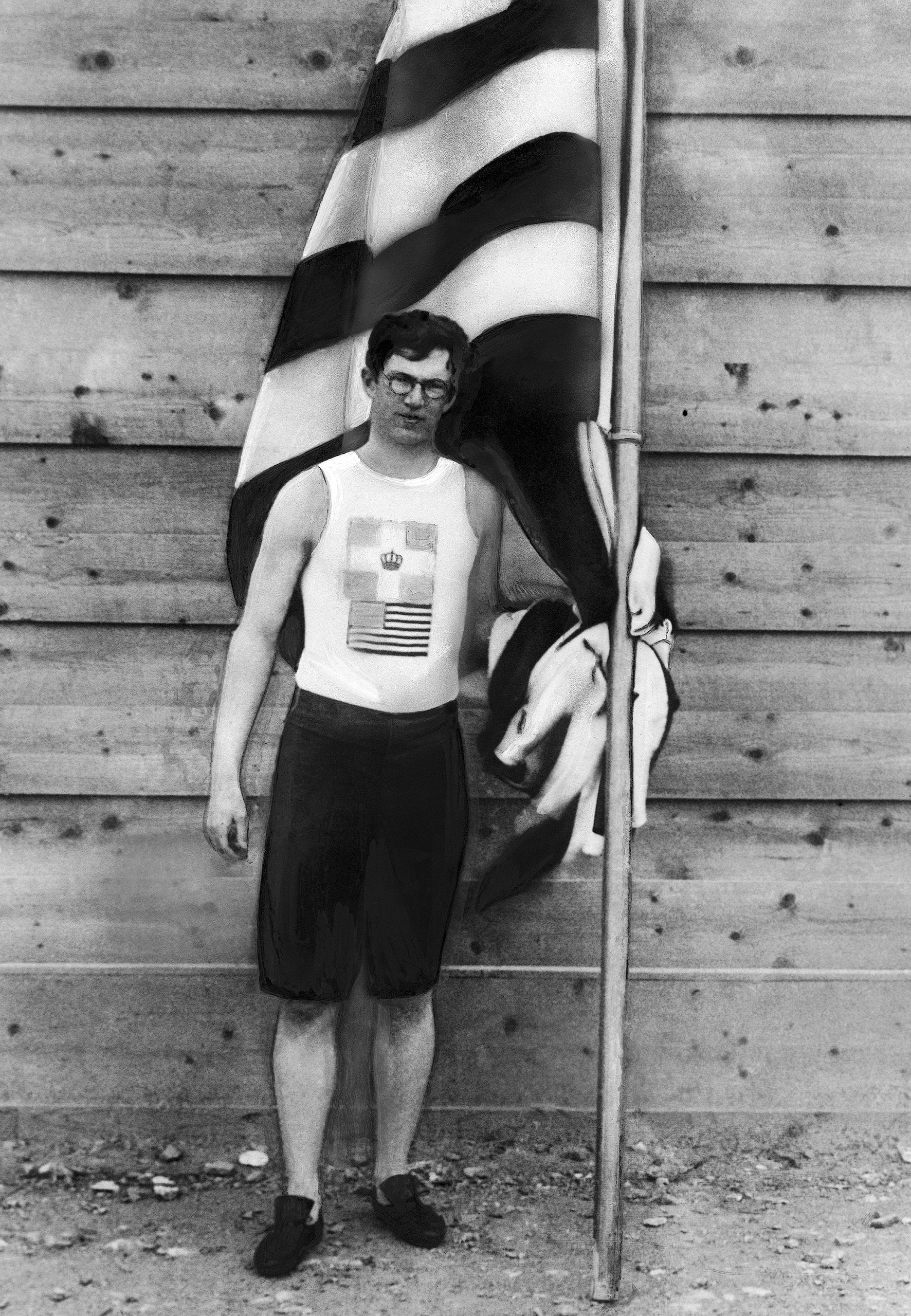 Harvard student Ellery Harding Clark from Boston, USA, poses with a flag at the first modern International Summer Olympic Games held at the Panathinaiko Stadium on April 7, 1896 in Athens, where he won the gold medal both in high jump (2.81 meters) and long jump (6.35 meters).