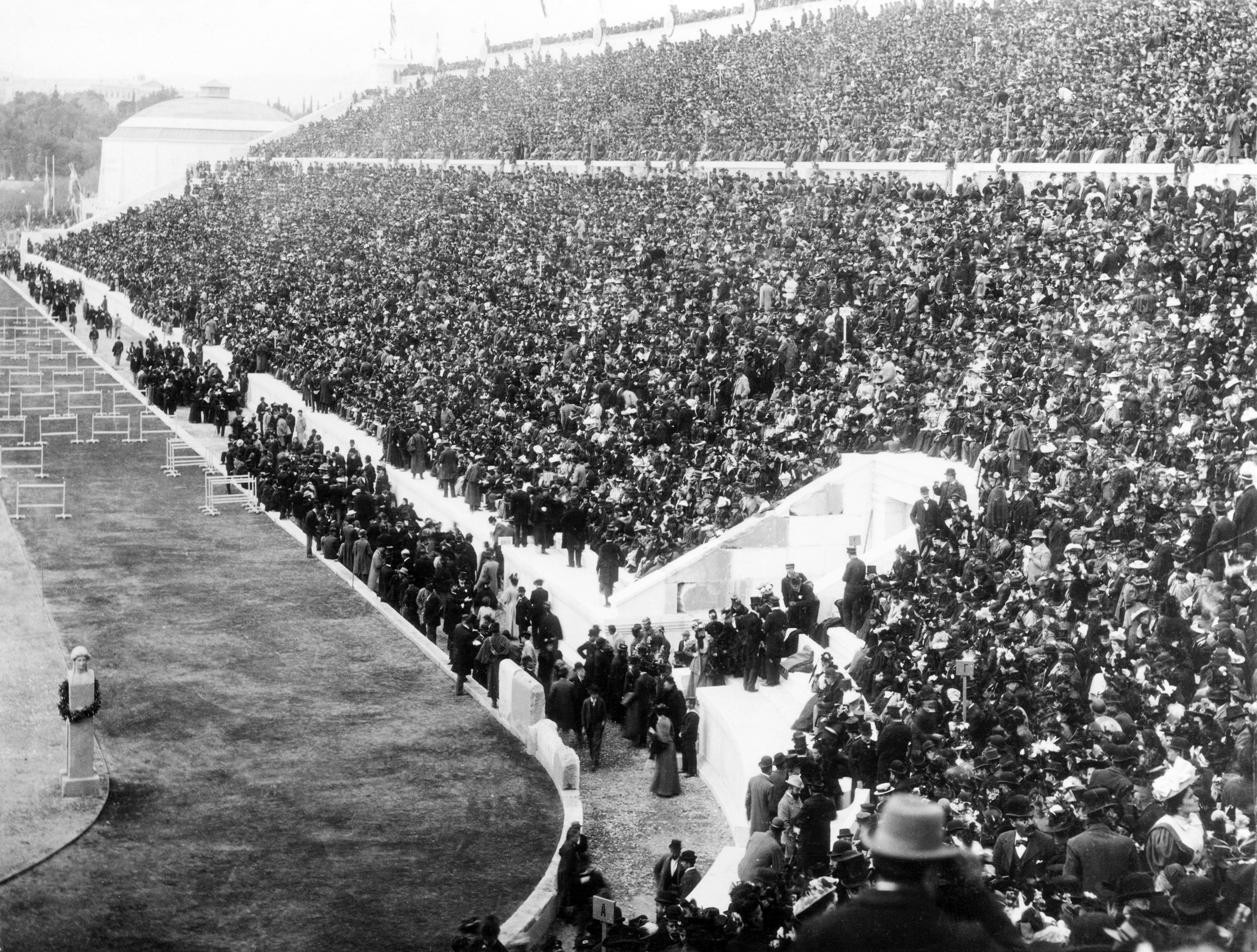 Pan-Athenian stadium before a hurdles event at the 1896 Olympic Games in Athens.