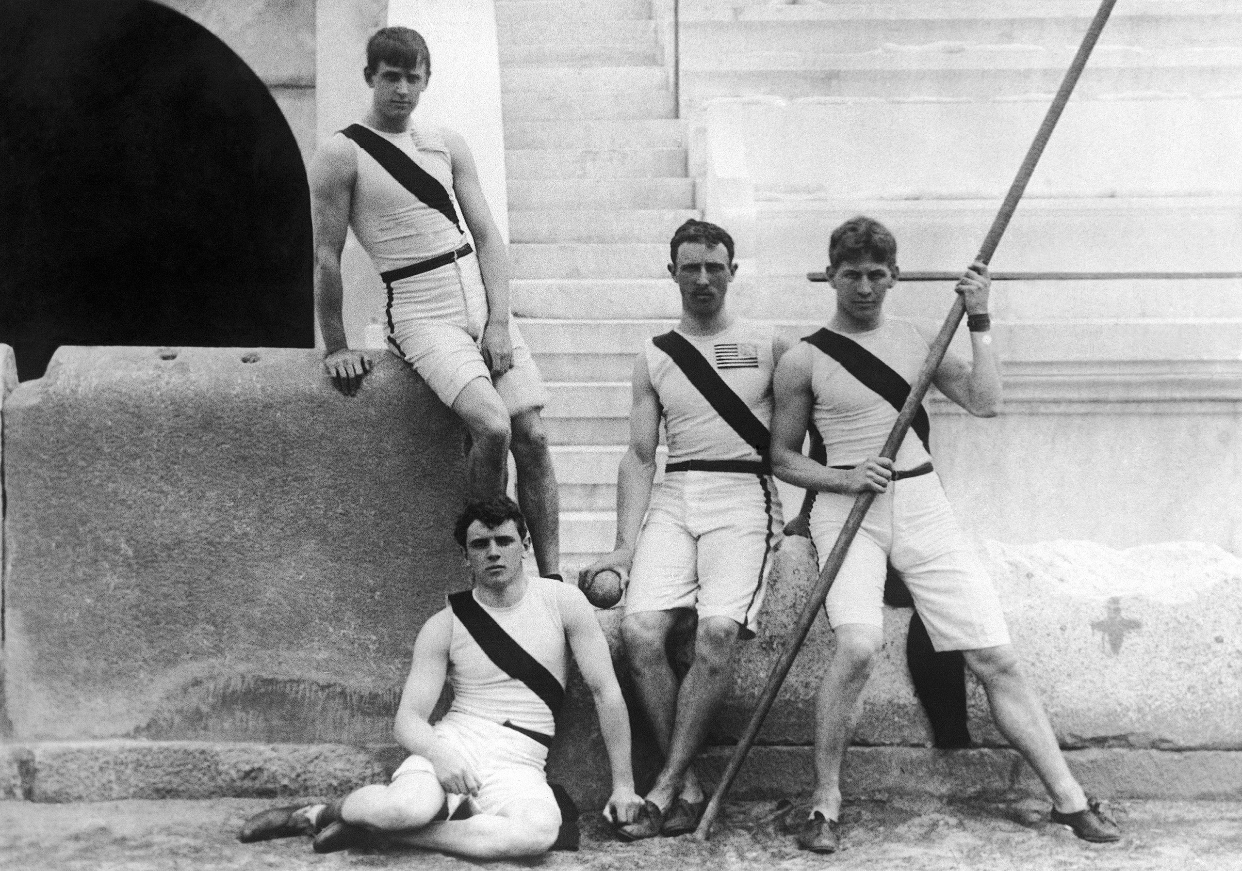 Members of the athletics team of the US Princeton University pose at the first modern International Summer Olympic Games held at the Panathinaiko Stadium in April 1896 in Athens. From left to right: Francis A. Lane, Herbert Jamison, Robert Garrett and Albert Tyler.
