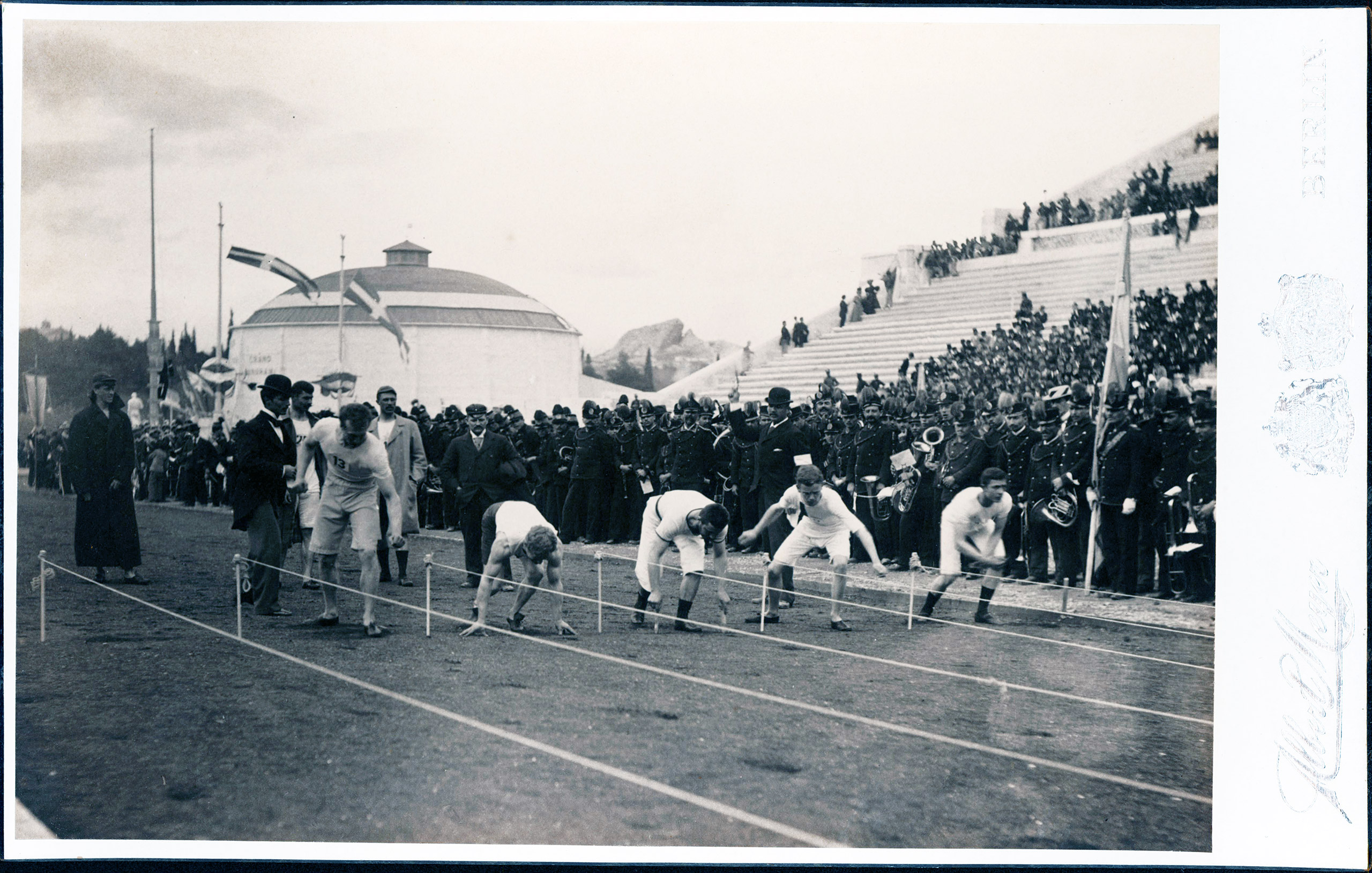 Preparation for the 100-meter race at the  Olympic Games, 1896.