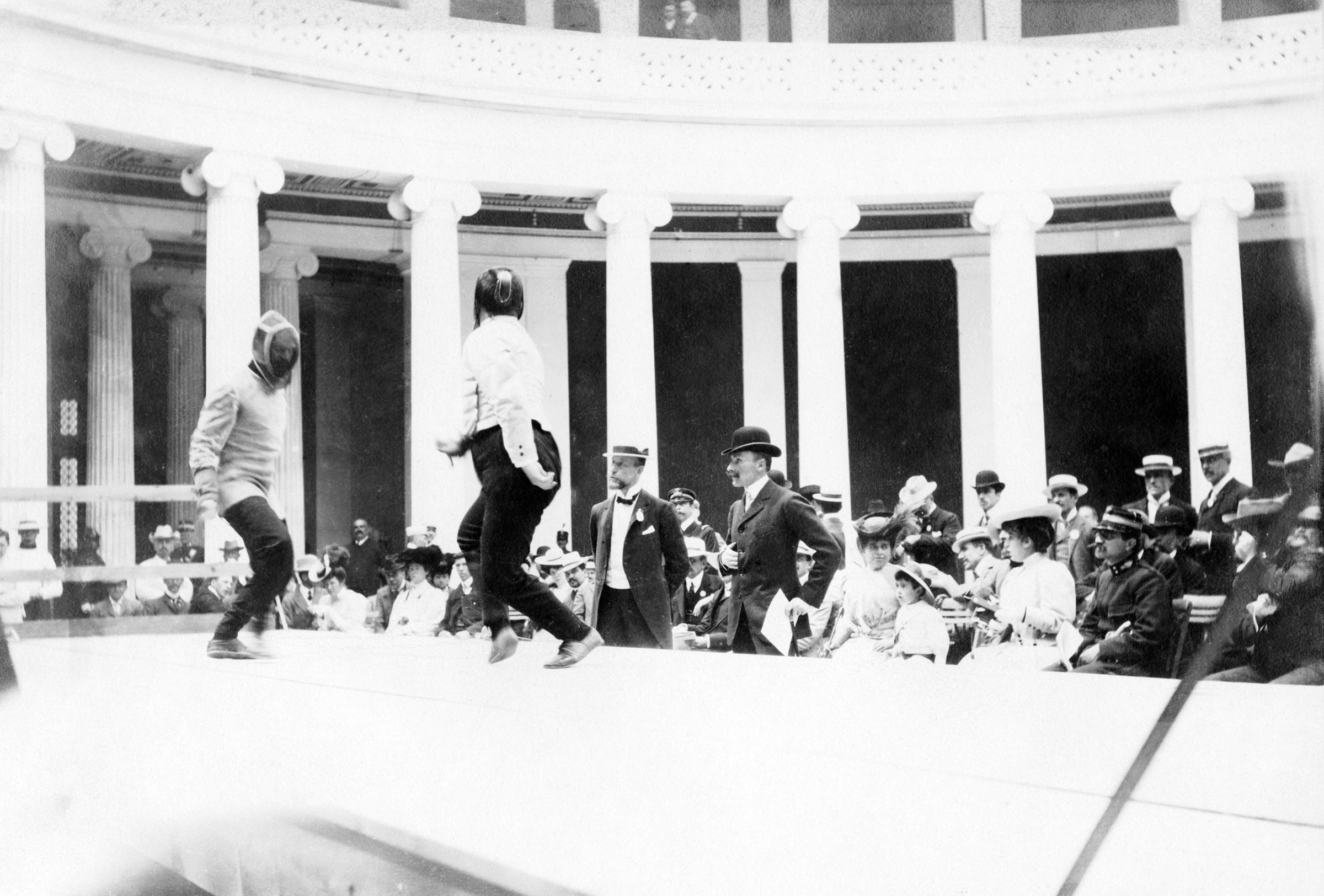A fencing match in the Zapeion Hall at the Olympic Games in Athens, Greece in 1896.