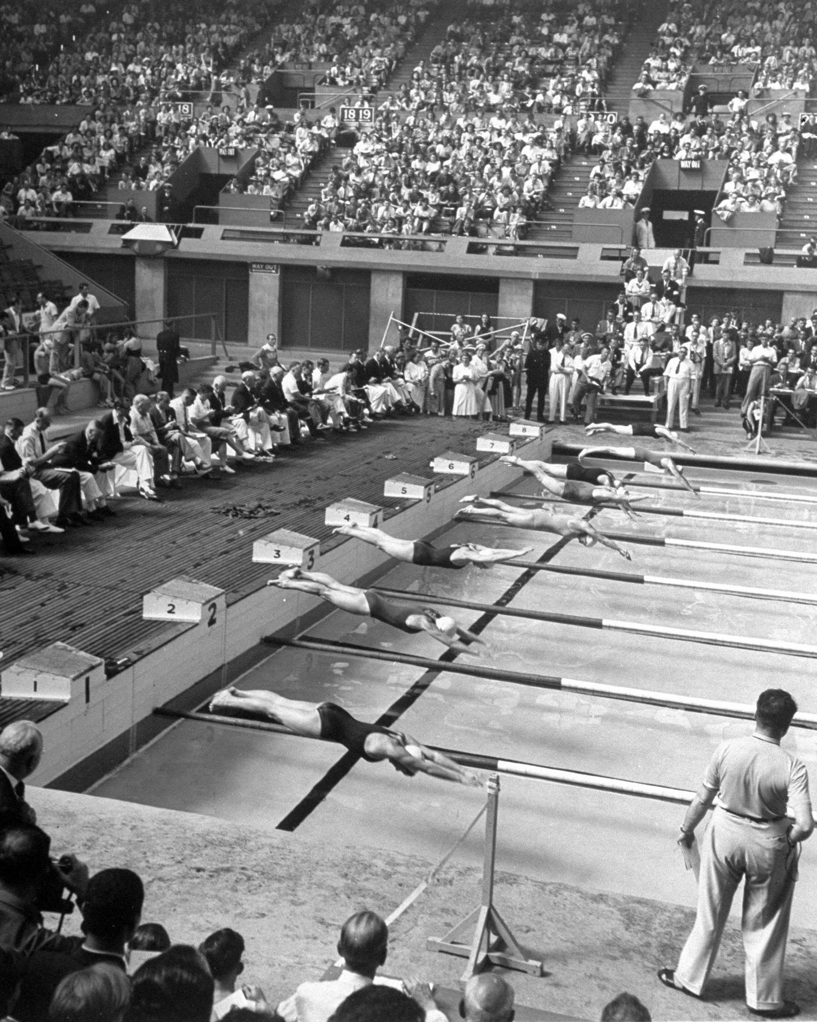 Competitors diving into pool during swimming events at the 1948 summer Olympics in London.