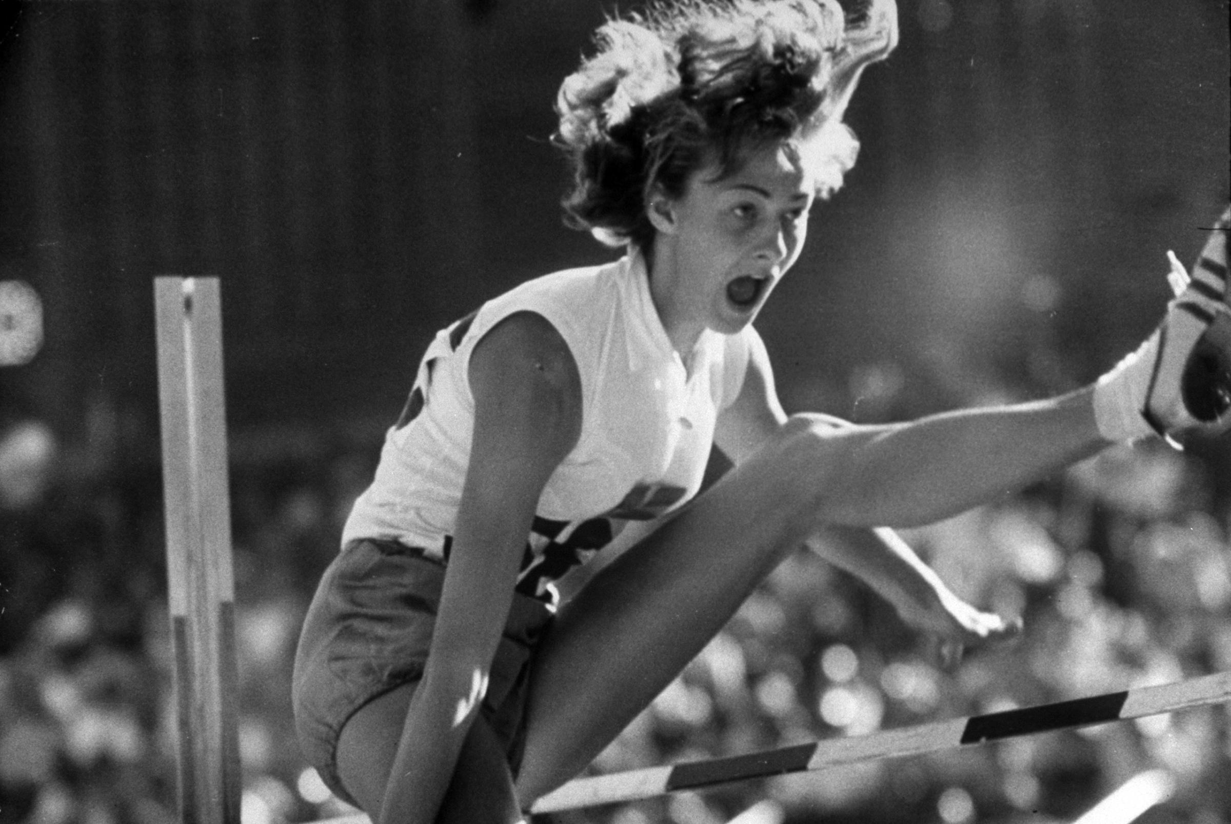Gunhild Larking, Sweden's entry for the high jump, clearing the high bar during the 1956 summer Olympics in Melbourne, Australia.