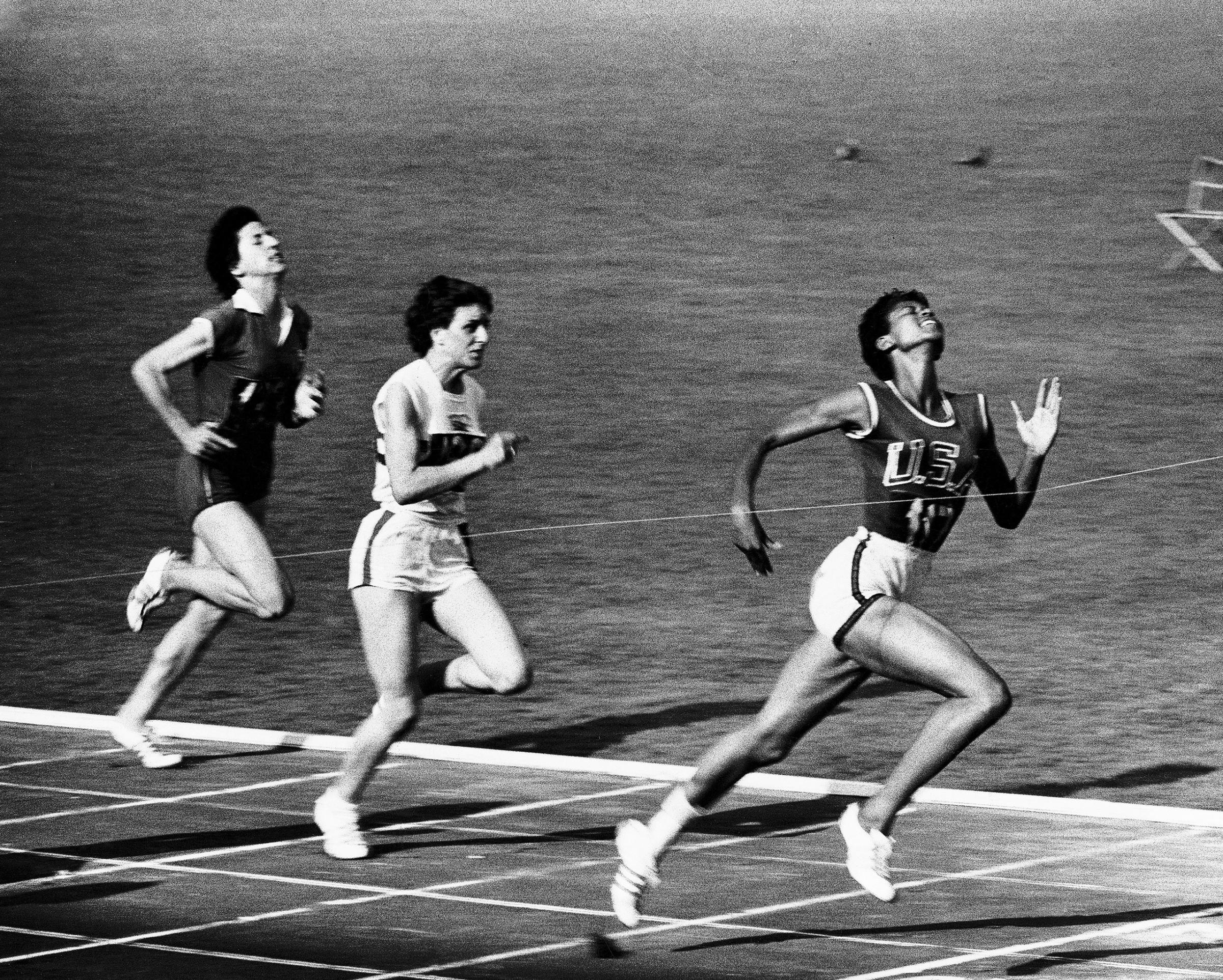 US Runner Wilma Rudolph winning women's 100-meter race at the 1960 summer Olympics in Rome, Italy.