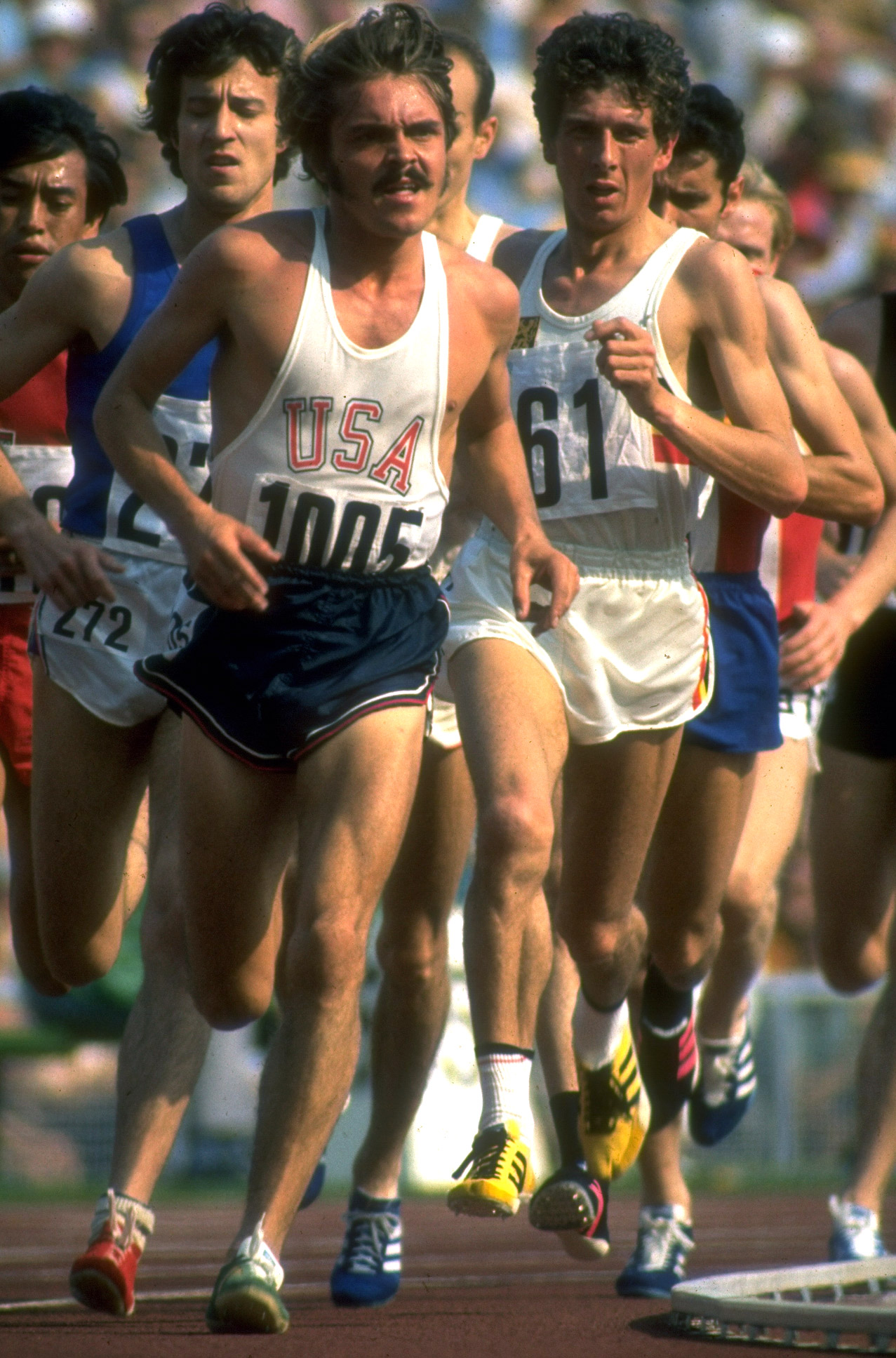 US track athlete Steve Prefontaine running a race at the 1972 summer Olympics in Munich, West Germany.