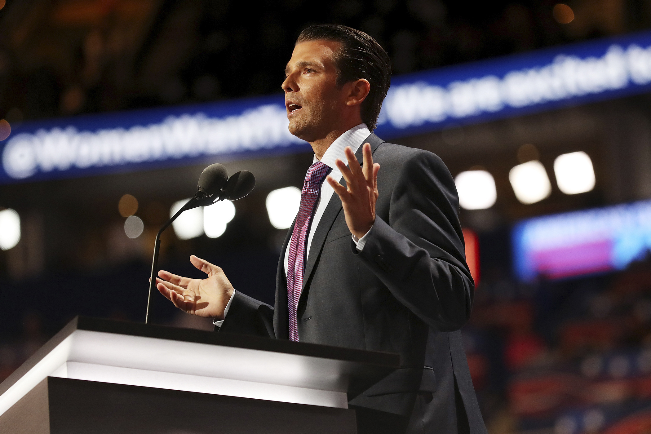 Donald Trump Jr. delivers a speech on the second day of the Republican National Convention on July 19, 2016 at the Quicken Loans Arena in Cleveland, Ohio. Republican presidential candidate Donald Trump received the number of votes needed to secure the party's nomination. An estimated 50,000 people are expected in Cleveland, including hundreds of protesters and members of the media. The four-day Republican National Convention kicked off on July 18.