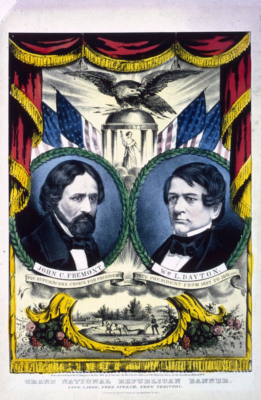 A banner supporting the candidacy of Republican politician John Fremont (1813 - 1890) and his running mate William Drayton (1807 - 1864) in the election of 1856. (MPI / Getty Images)