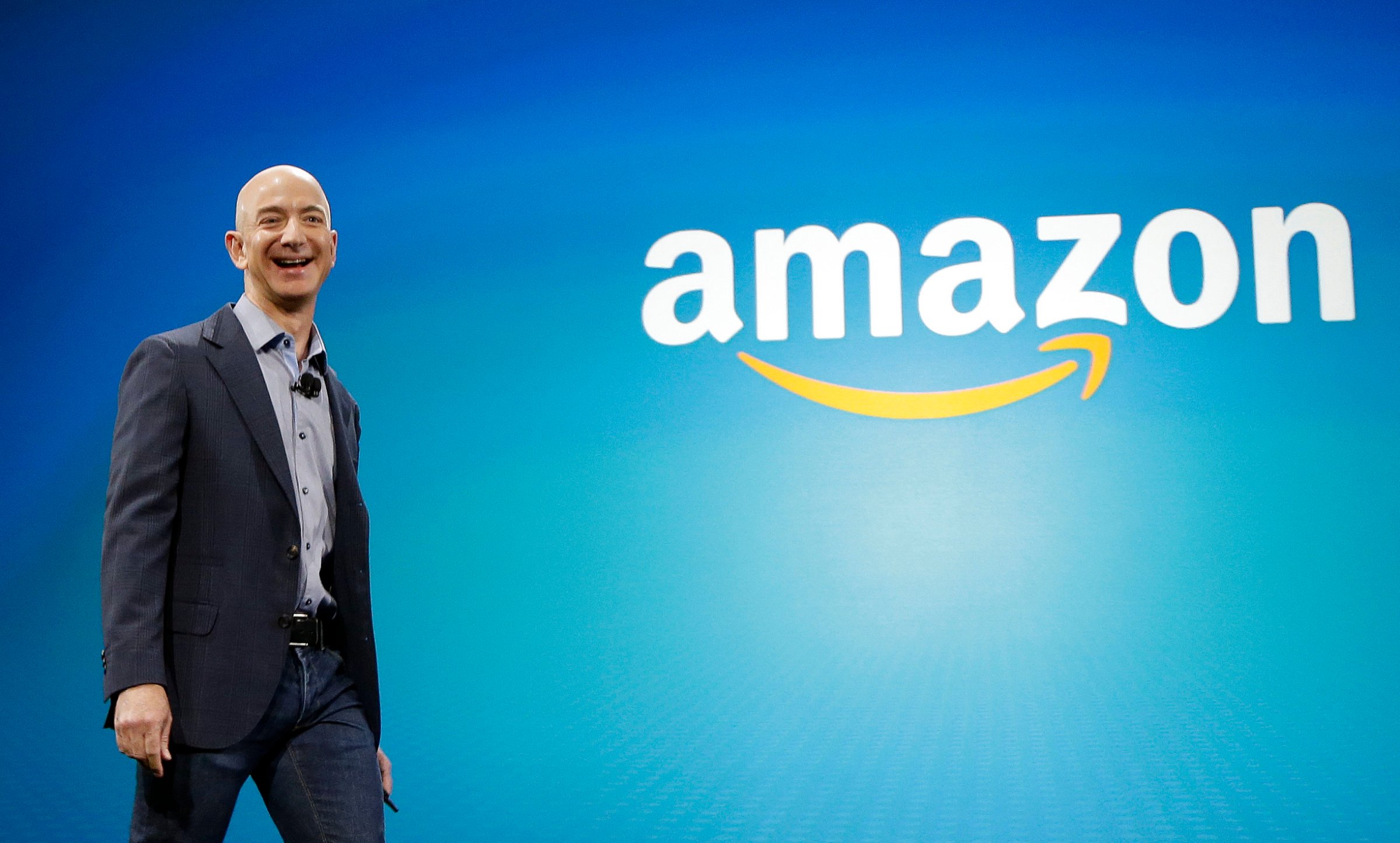 Amazon CEO Jeff Bezos walks onstage for the launch of the new Amazon Fire Phone in Seattle on June 16, 2014.