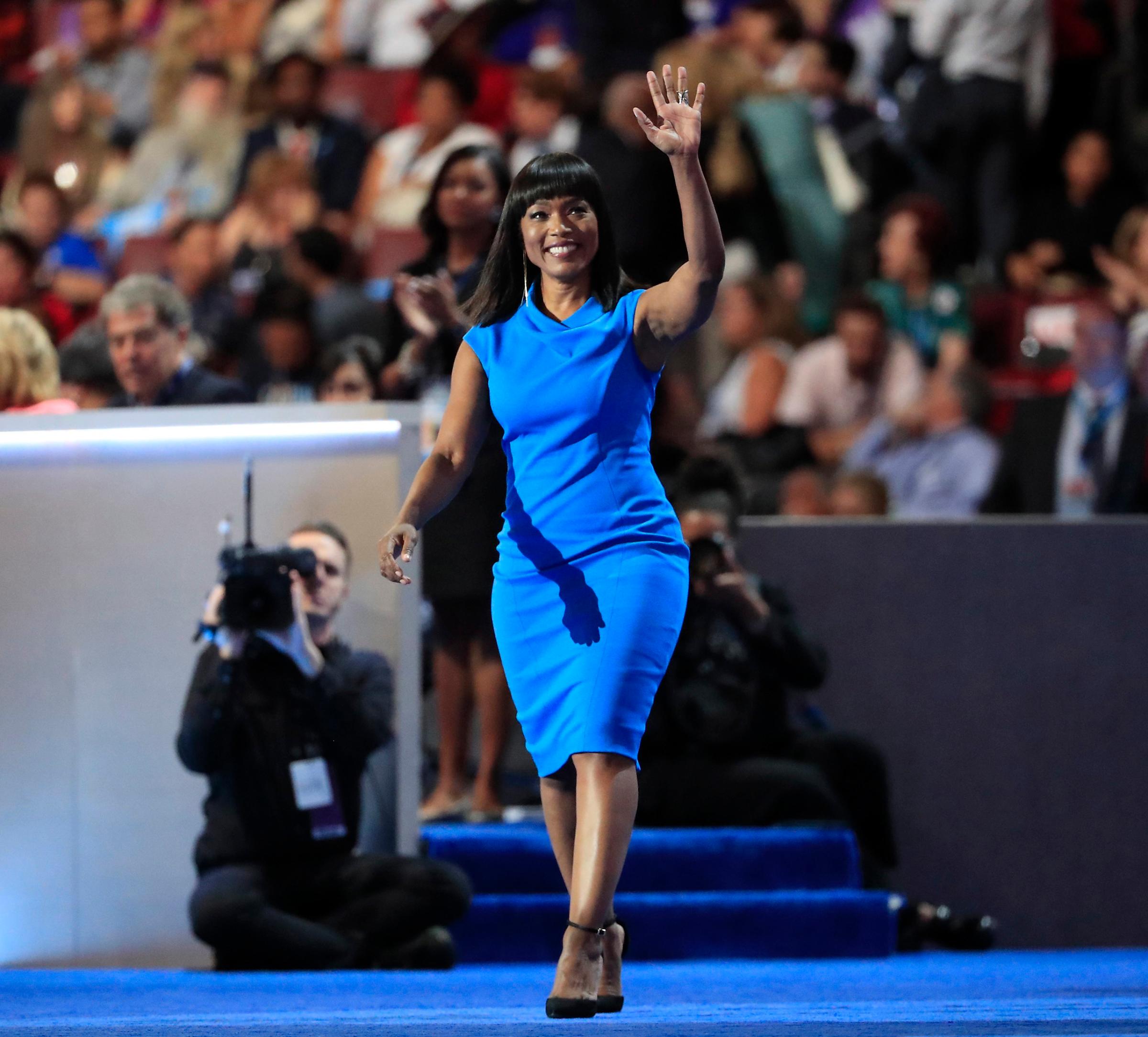 Angela Bassett walks to the stage prior to speaking on the third day of the Democratic National Convention at the Wells Fargo Center in Philadelphia on July 27, 2016.