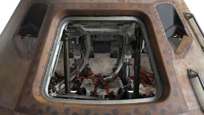 The hatch of the 3-D Apollo command module. (Smithsonian Institution)