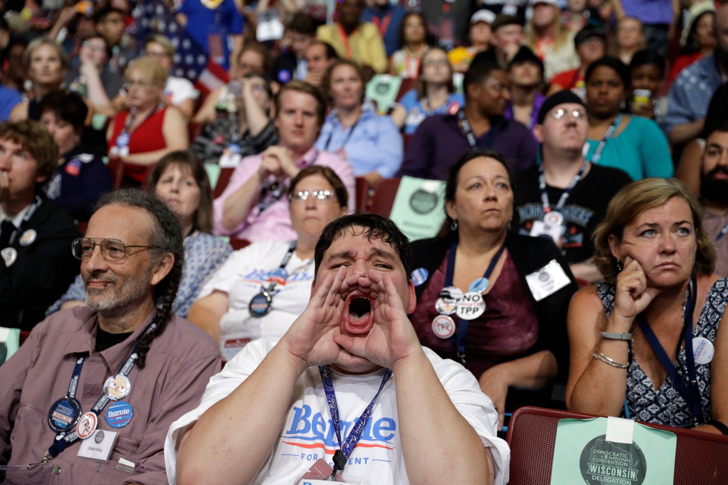 Ardent Bernie Sanders supporters hijacked the opening moments of the Democratic National Convention, repeatedly booing mentions of Hillary Clinton, chanting Sanders’ name and turning what was supposed to be a celebration into an ugly family feud. Supporter for former Democratic Presidential candidate, Sen. Bernie Sanders, I-Vt., John Stanley from DeForest Wis., reacts during the first day of the Democratic National Convention in Philadelphia, Monday, July 25, 2016.