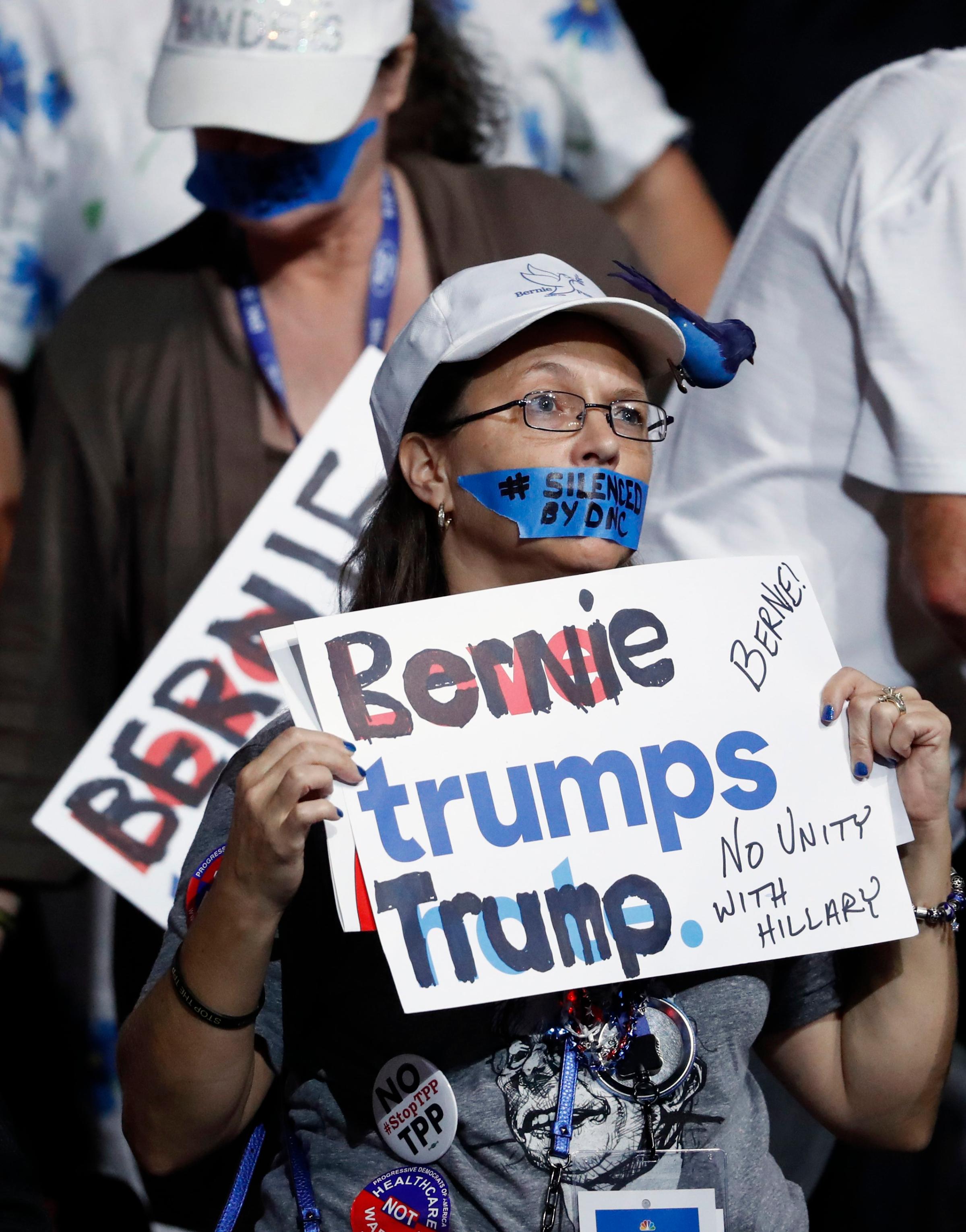 A supporter of former Democratic presidential candidate Sen. Bernie Sanders, I-Vt., protests during the first day of the Democratic National Convention in Philadelphia on July 25, 2016.