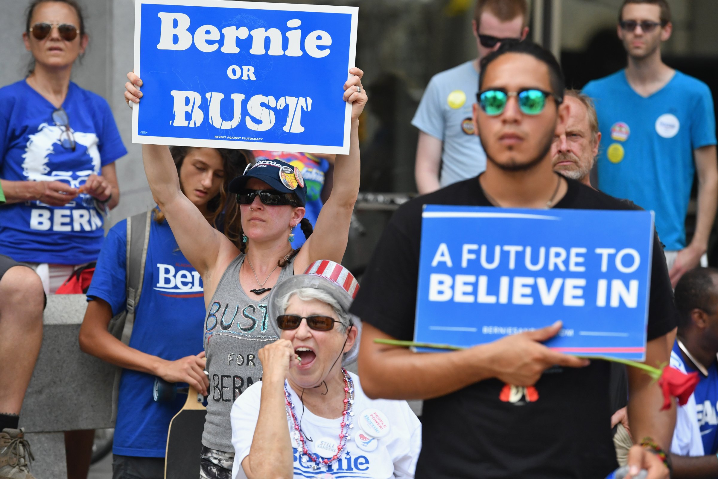 Bernie Sanders supporters gather at City Hall on the second day of the Democratic National Convention on July 26, 2016 in Philadelphia.