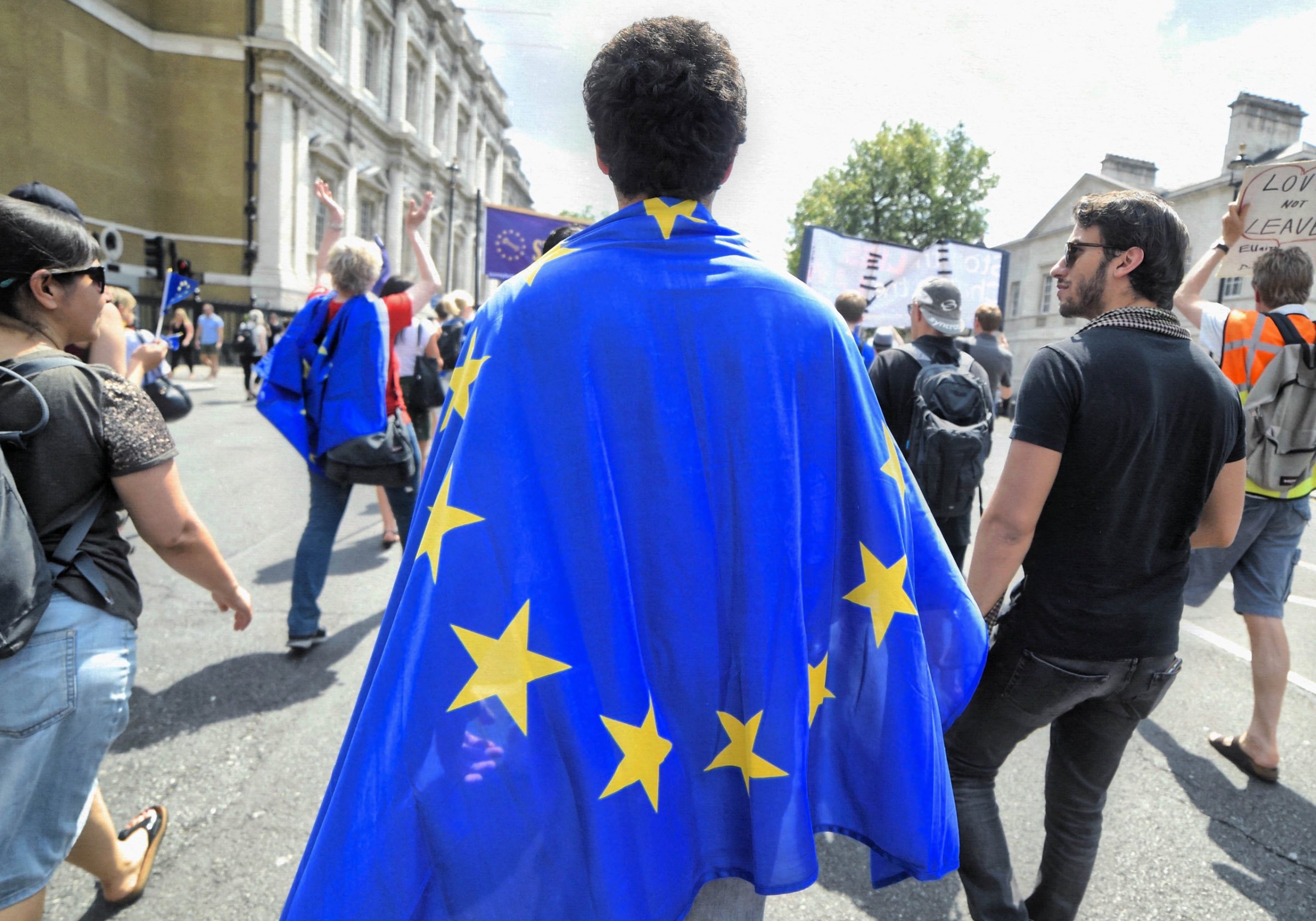 Hundreds of Pro-European campaigners marched to 10 Downing Street in London on July 23, 2016.