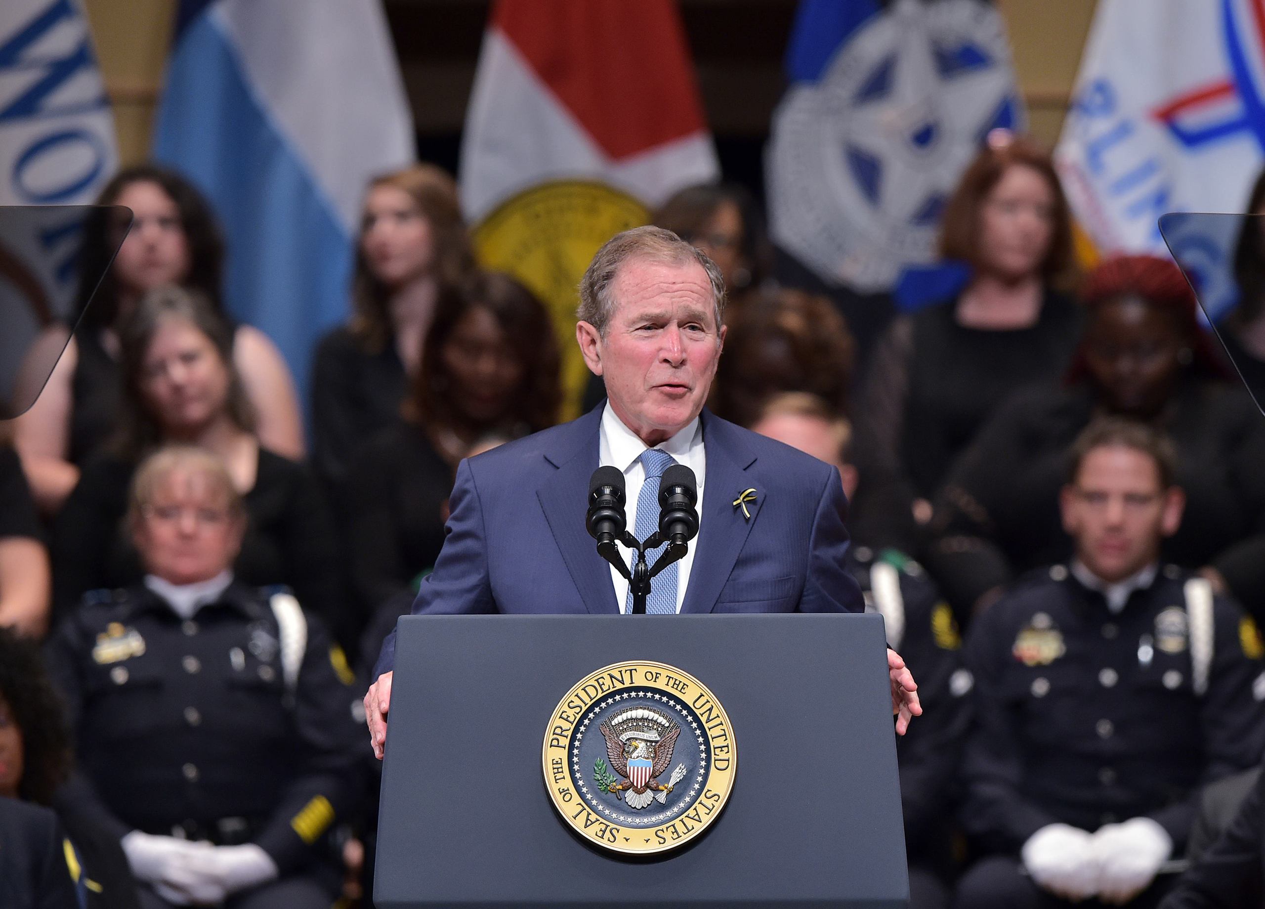 George W. Bush speaks during an interfaith memorial service for the victims of the Dallas police shooting at the Morton H. Meyerson Symphony Center in Dallas, Texas, on July 12, 2016. (Mandel Ngan—AFP/Getty Images)