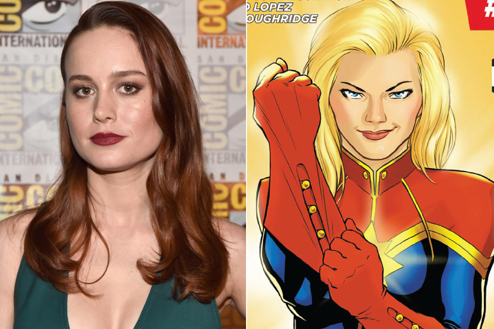 Brie Larson (L) and Captain Marvel (R) (Alberto E. Rodriguez—Getty Images; Marvel)