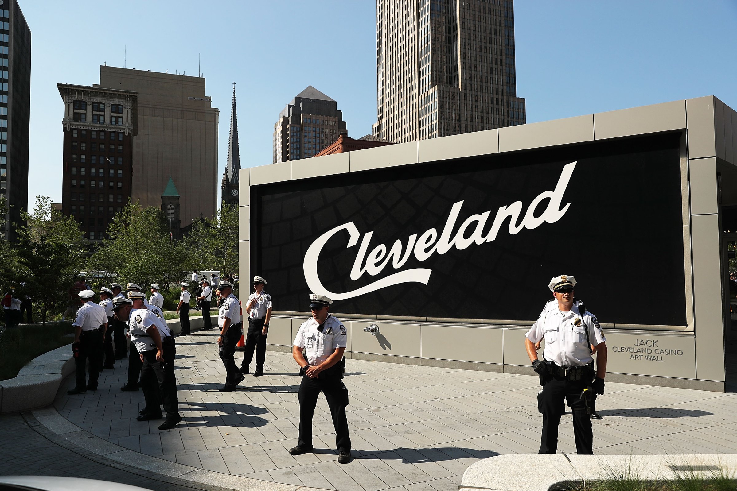 Police stand guard near the site of the Republican National Convention in downtown Cleveland, July 19, 2016.