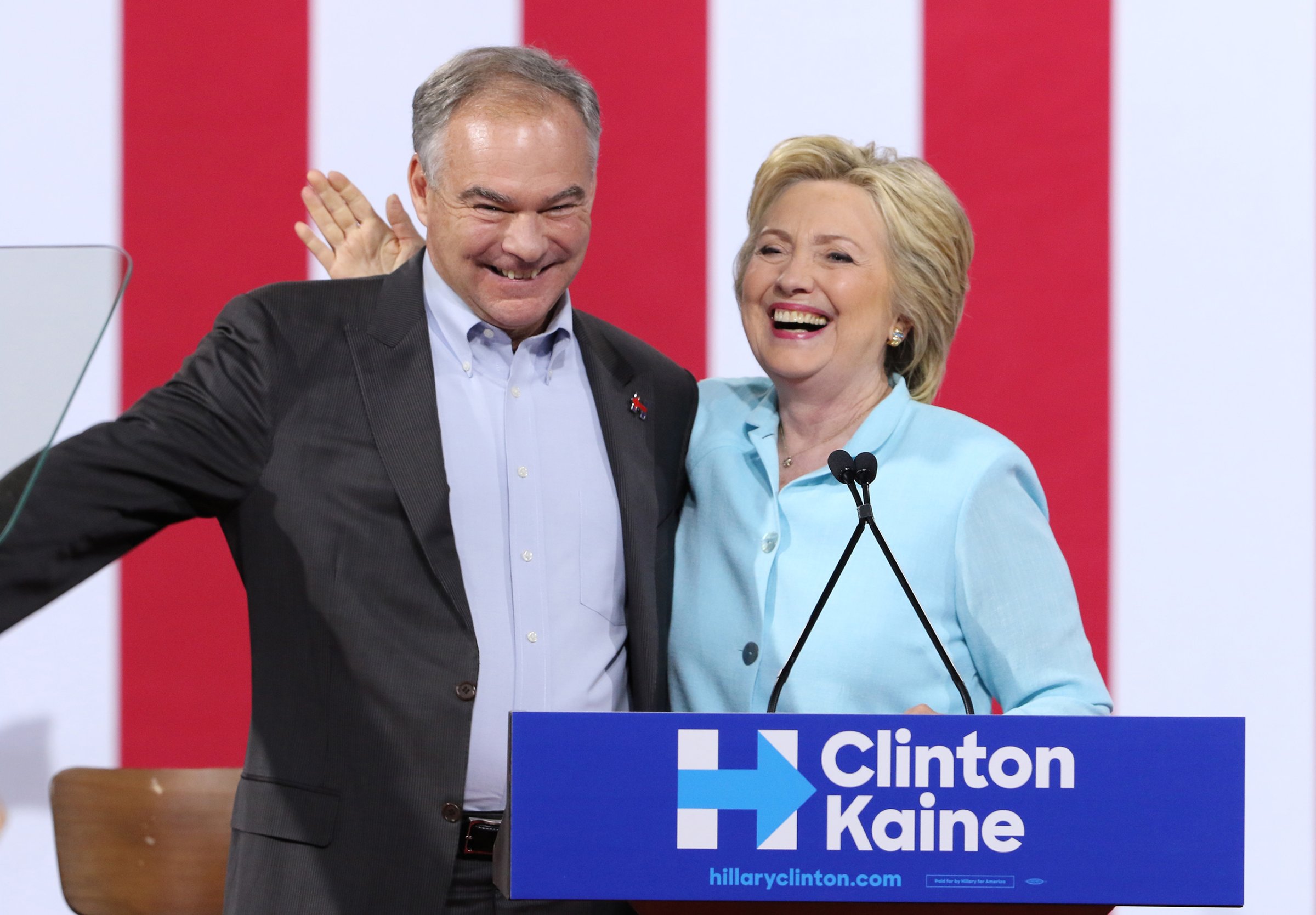 Hillary Clinton and Democratic vice presidential candidate U.S. Sen. Tim Kaine attend a campaign rally at Florida International University Panther Arena in Miami, Fla., on July 23, 2016.