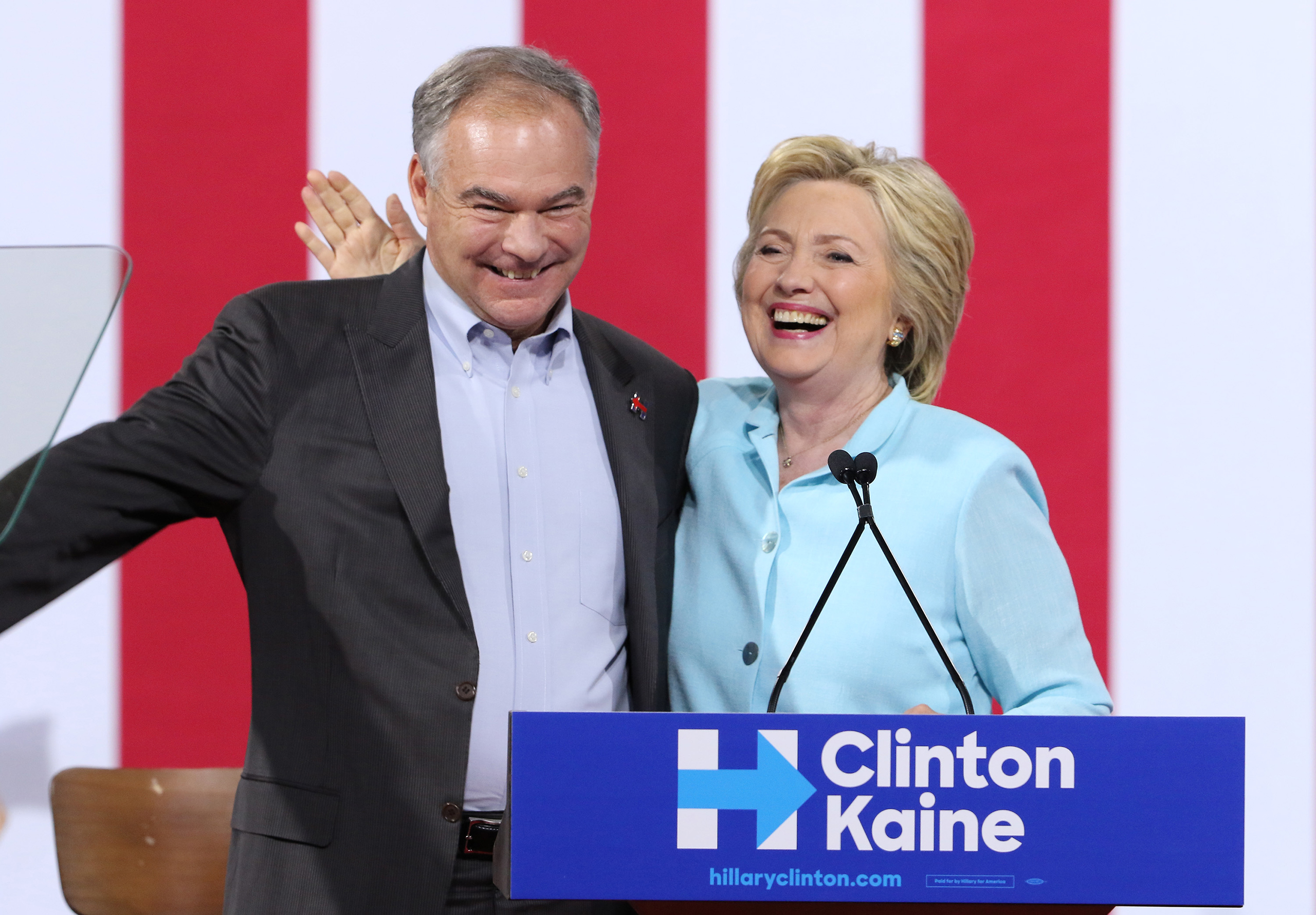 Hillary Clinton and Democratic vice presidential candidate U.S. Sen. Tim Kaine attend a campaign rally at Florida International University Panther Arena in Miami, Fla., on July 23, 2016. (Alexander Tamargo—WireImage/Getty Images)