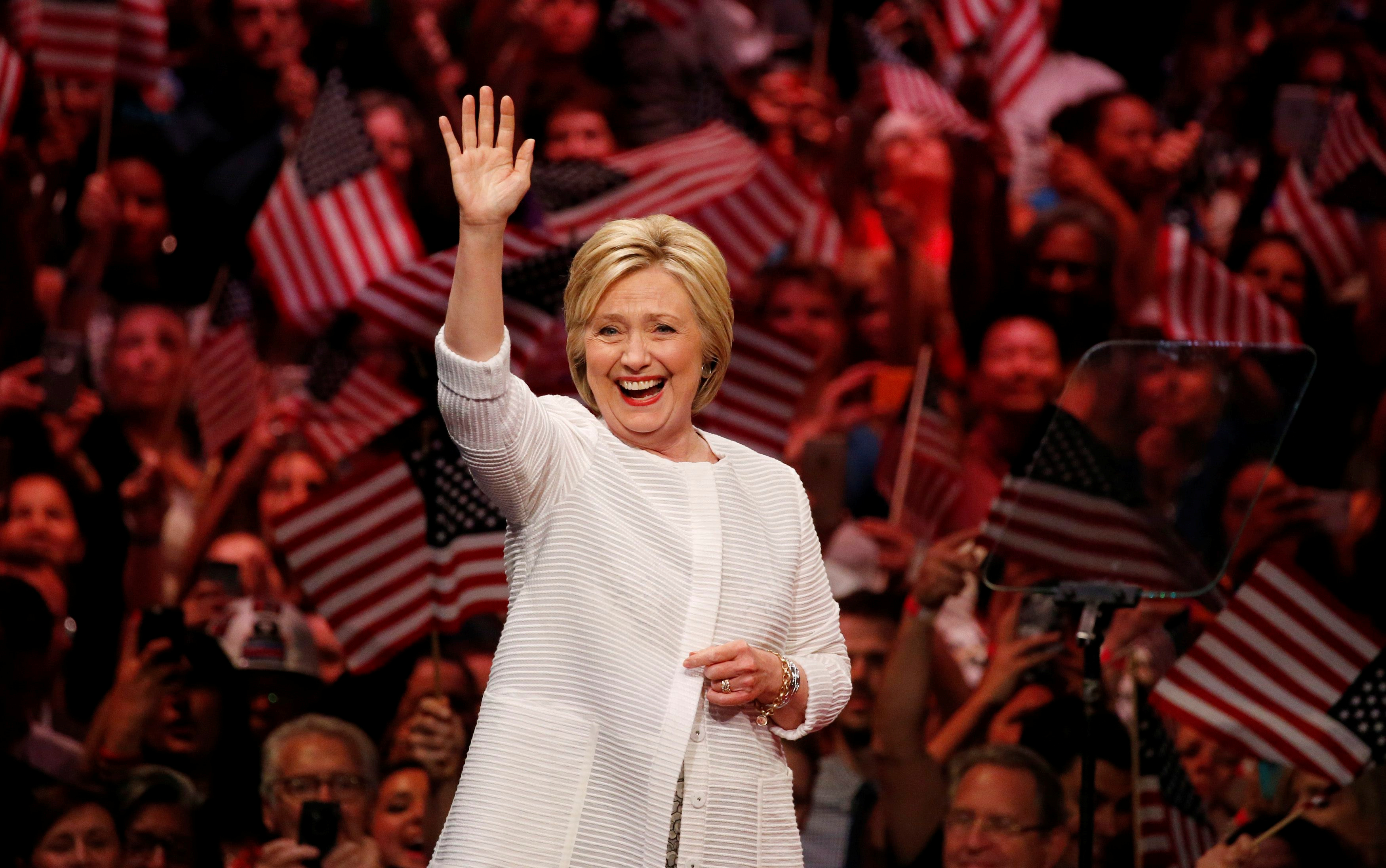 Democratic presidential candidate Hillary Clinton waves as she arrives to speak during her California primary night rally held in the Brooklyn borough of New York, June 7, 2016. (Lucas Jackson—Reuters)