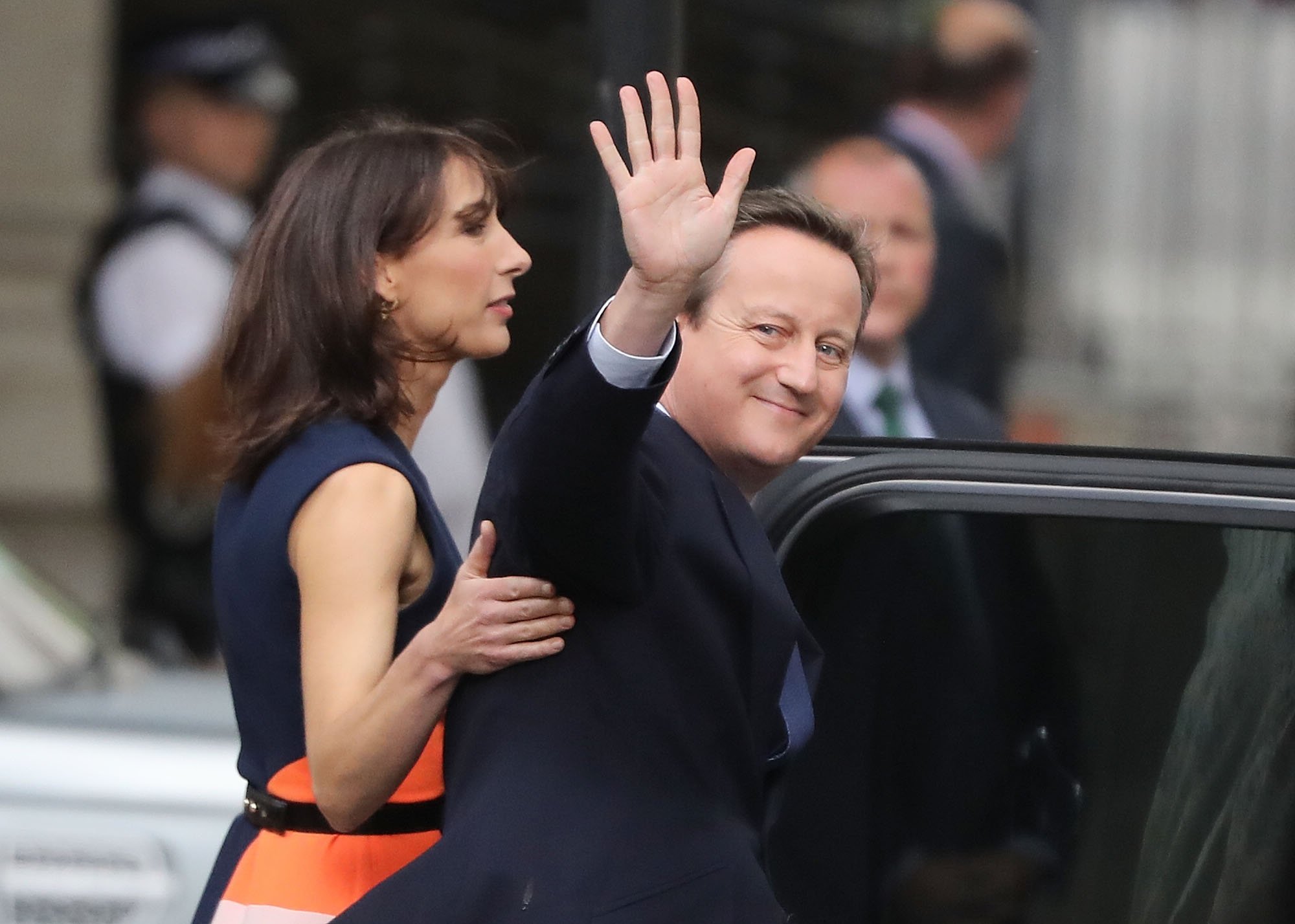 David Cameron with his wife Samantha leave 10 Downing Street for the last time after speaking to the press to visit Buckingham Palace to formally tender his resignation to the Queen, in London, on July 13, 2016. (Christopher Furlong—Getty Images)