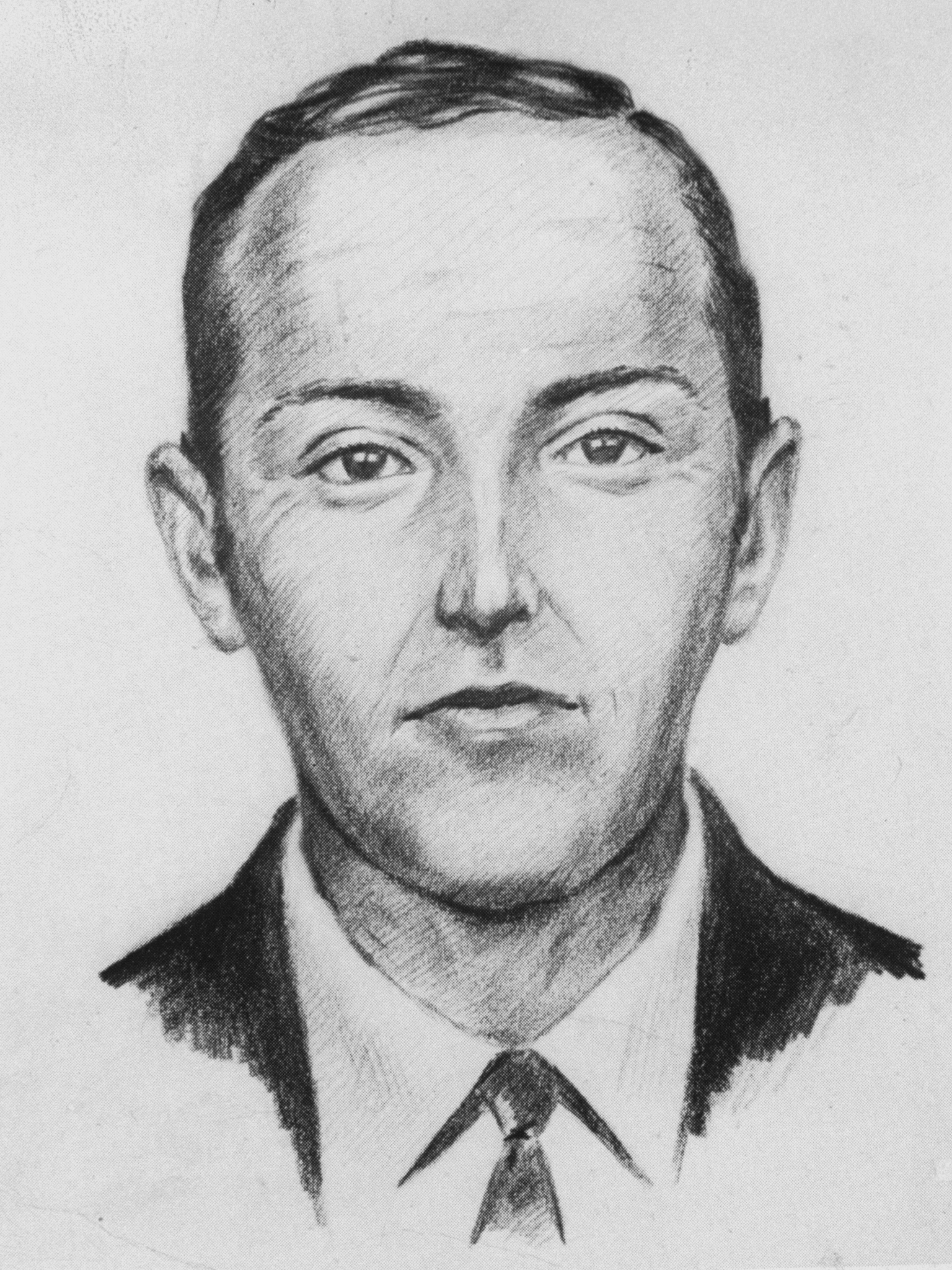 FBI sketch of hijacker D.B. Cooper who commandeered a Northwest Airlines jet, parachuted out over the forests of Washington State w. $200, 000 (obtained from a bomb threat) &amp; simply disappeared. (The LIFE Picture Collection/Getty Images)