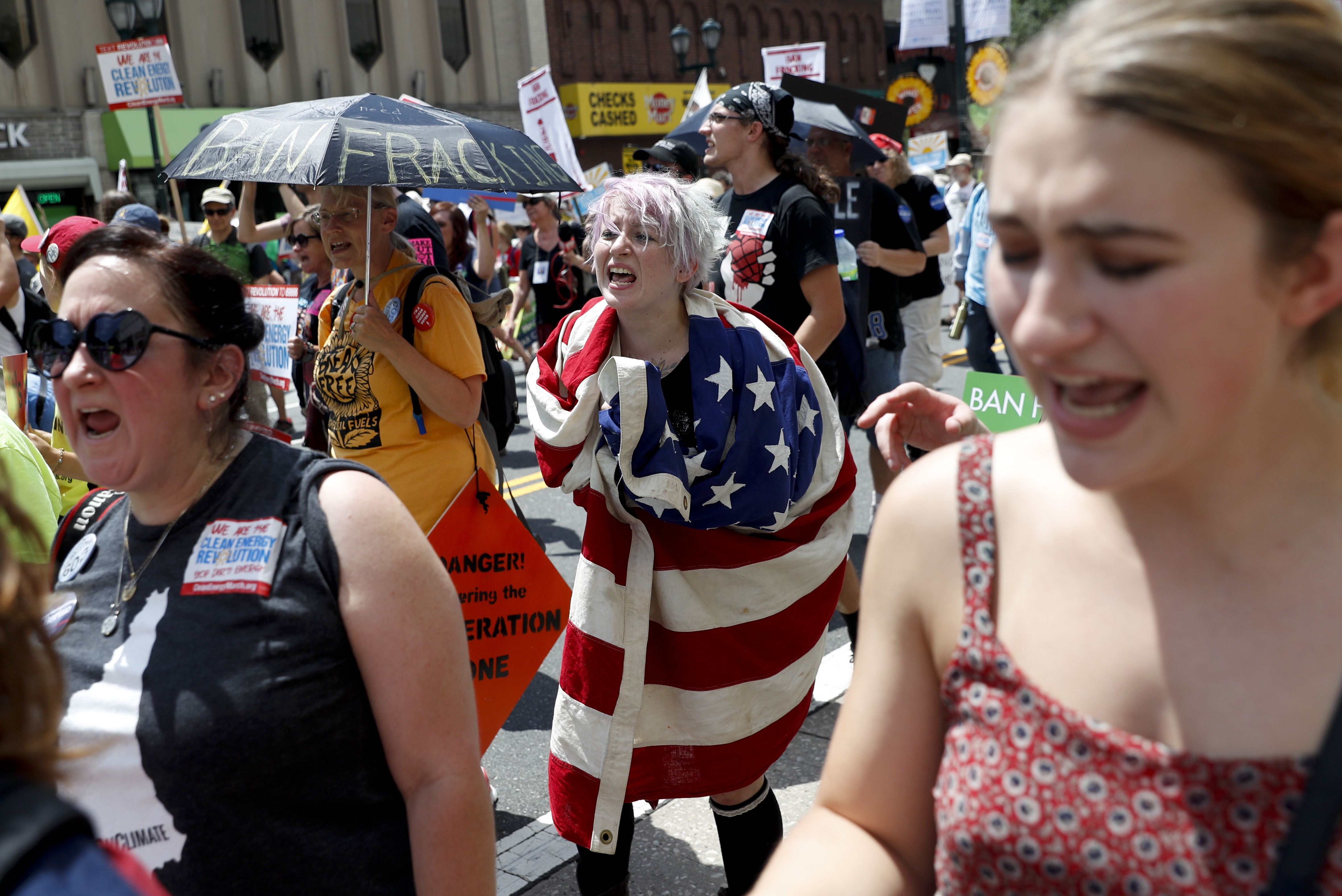 Protesters yell during a demonstration in downtown on Sunday, July 24, 2016, in Philadelphia. (John Minchillo—AP)