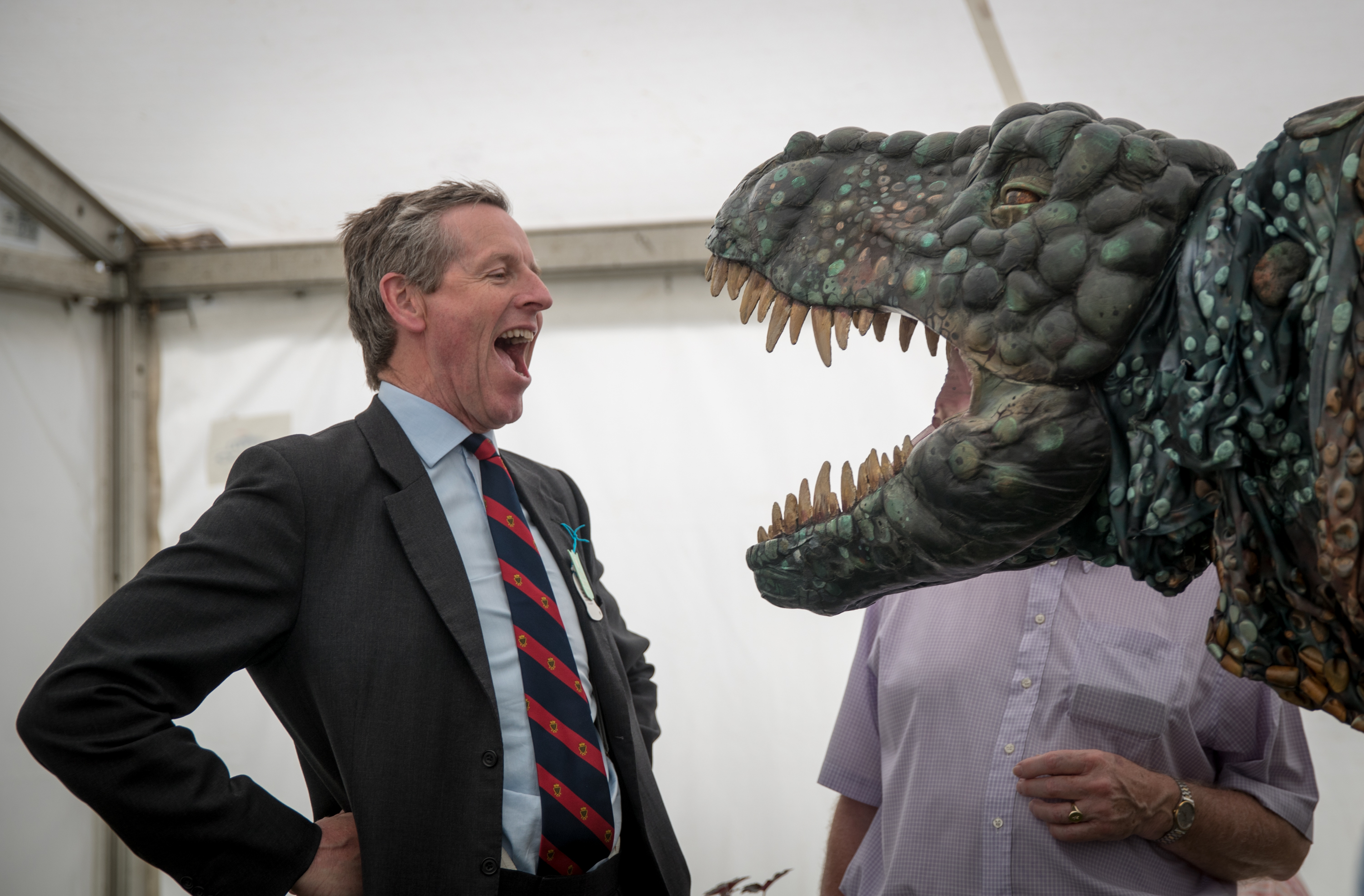A man reacts to the Eden Project's life-size juvenile Tyrannosaurus rex that has been brought as a preview to the nearby attraction's "Dinosaur Uprising" opening this summer on June 9, 2016 near Wadebridge, England. (Matt Cardy—Getty Images)