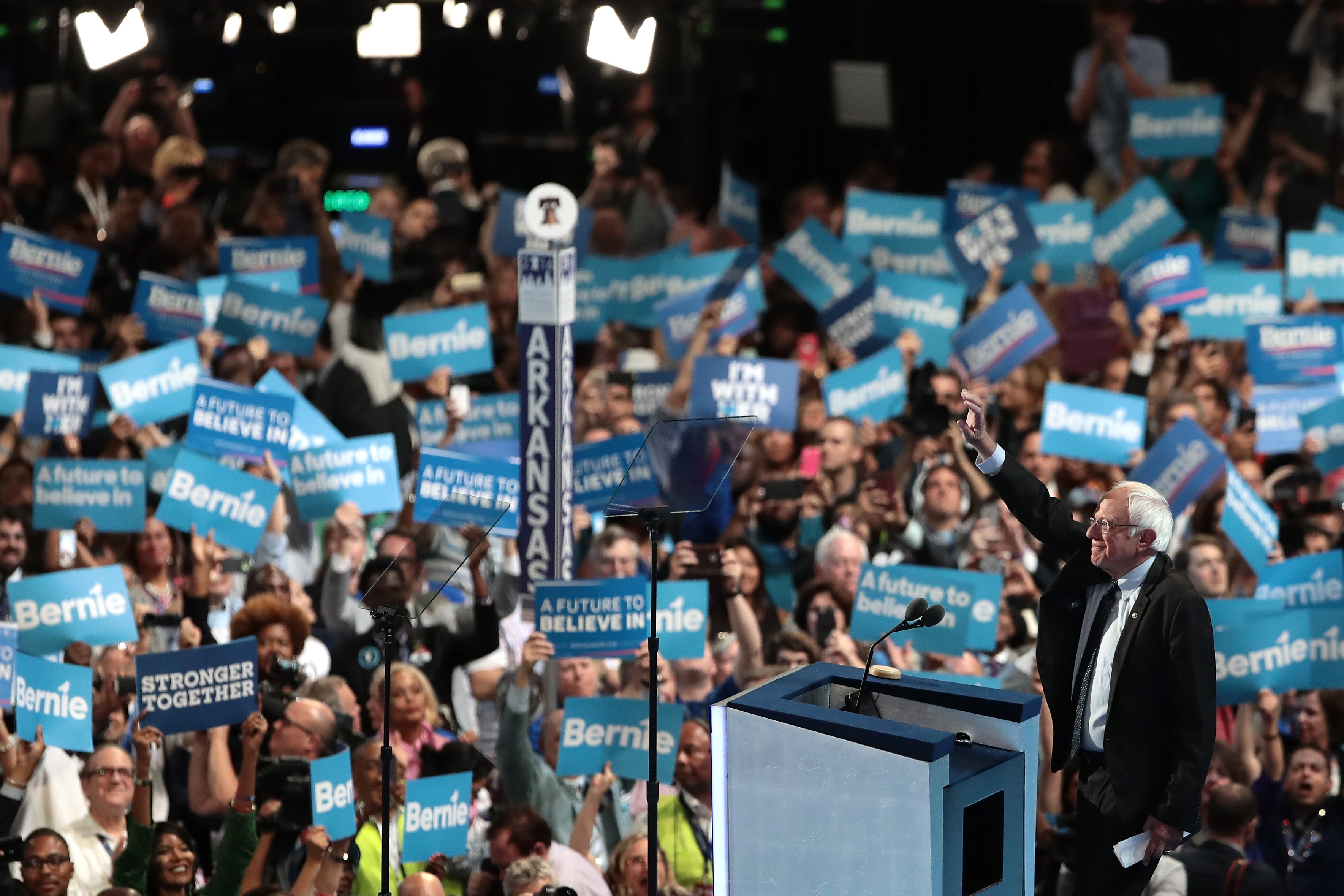 Sen. Bernie Sanders delivers remarks at the Democratic National Convention on July 25, 2016. Sanders lost the Democratic nomination to Hillary Clinton, who he urged his supporters to vote for. (Drew Angerer&mdash;Getty Images)