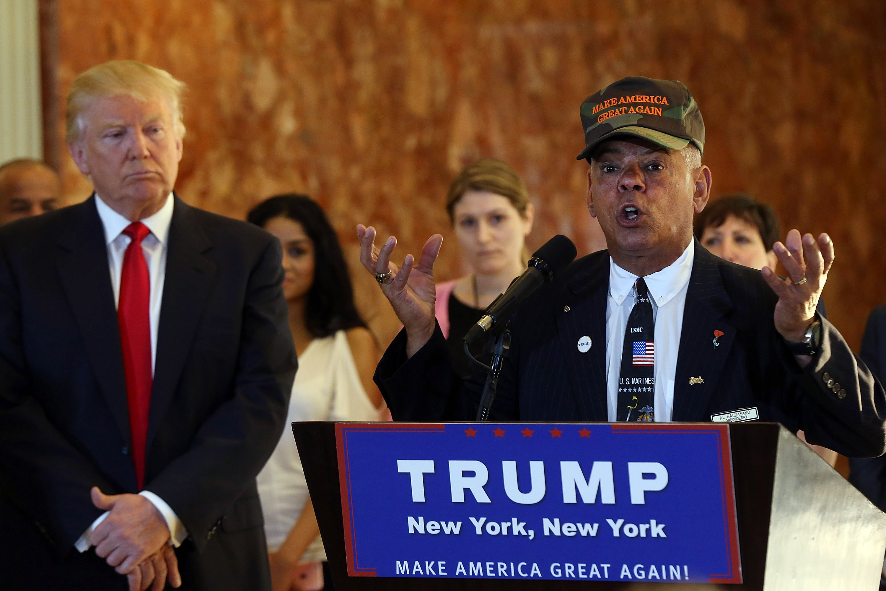 Former Marine Al Baldasaro defends the donations of Republican presidential candidate Donald Trump at a news conference at Trump Tower where Trump addressed issues about the money he pledged to donate to veterans  groups on May 31, 2016 in New York City. (Spencer Platt—Getty Images)