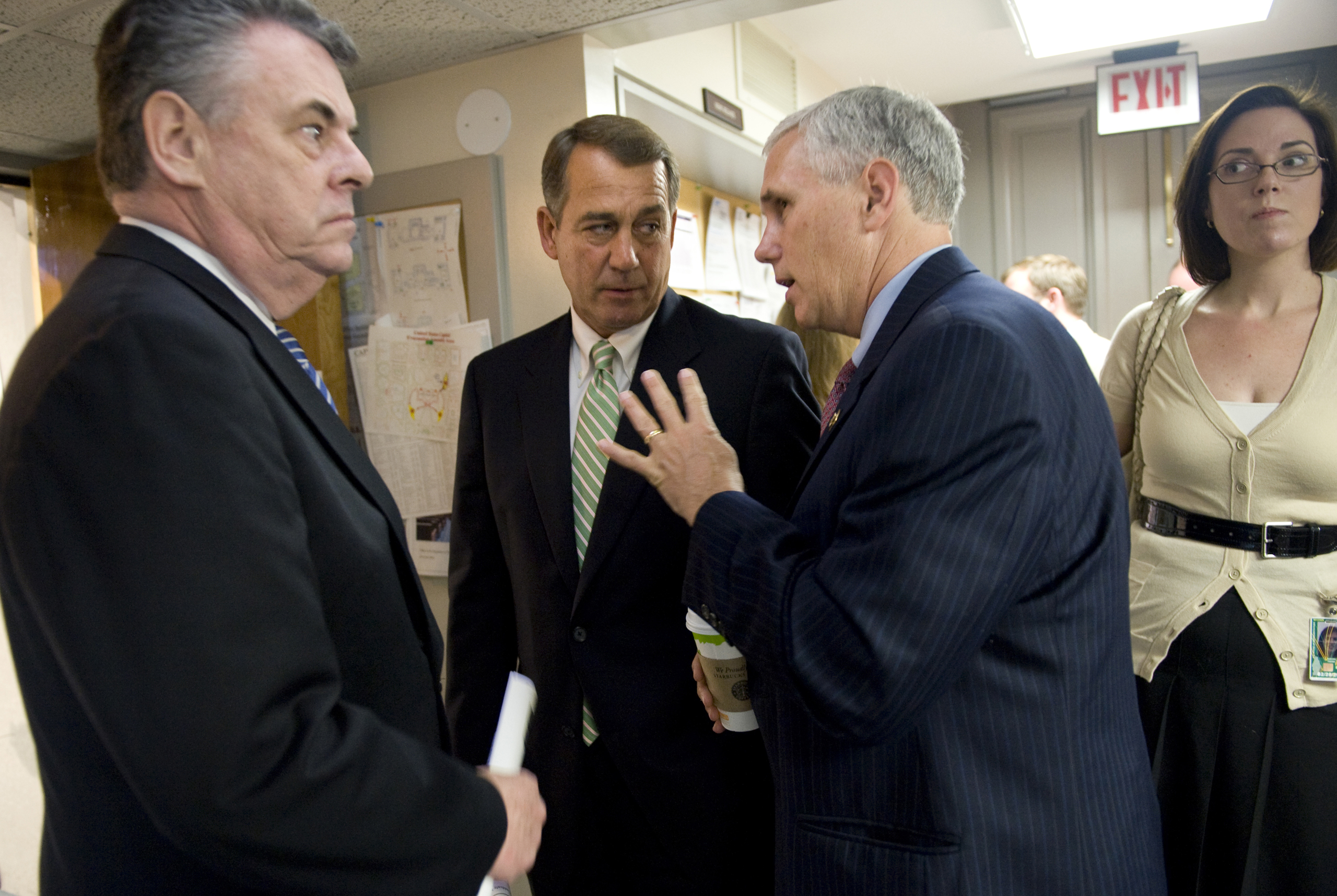From left, Rep. Peter King, R-N.Y., House Minority Leader John Boehner, R-Ohio, and Rep. Mike Pence, R-Ind., prepare for a news conference to introduce the Keep Terrorists Out of America Act on May 7, 2009.