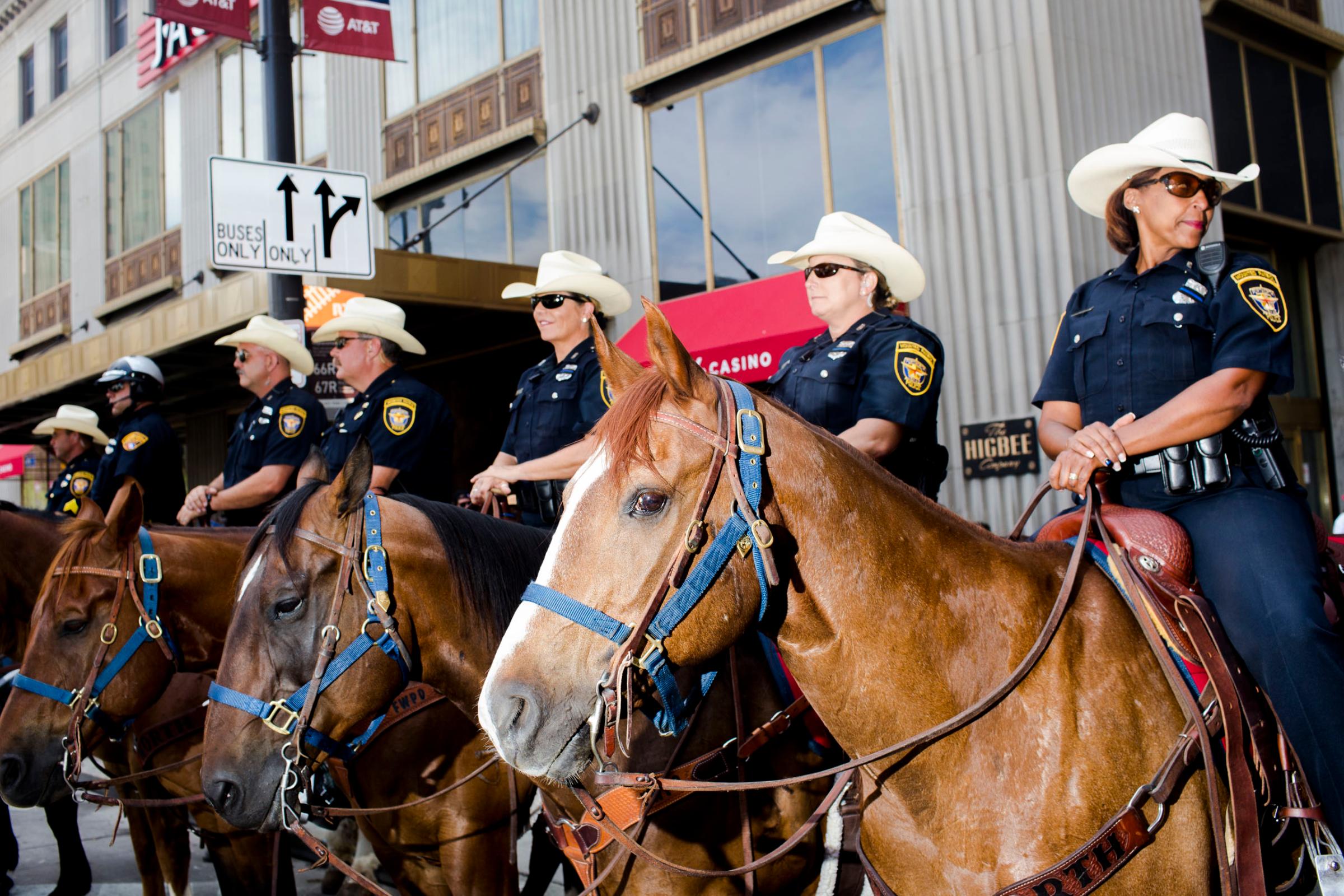 Mounted police from Fort Worth, Texas monitor the 2016 Republican National Convention in Cleveland on Wednesday, July 20, 2016.