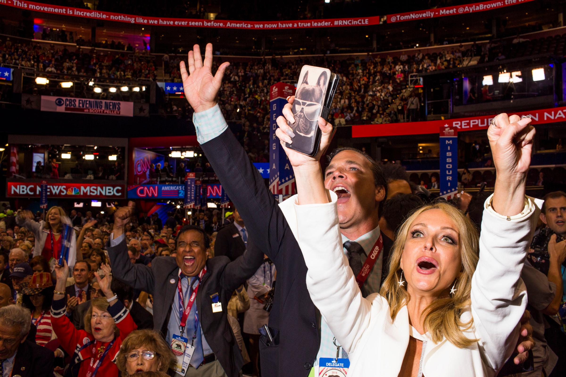 Delegates cheer at the Republican National Convention in Cleveland on Tuesday, July 19, 2016.