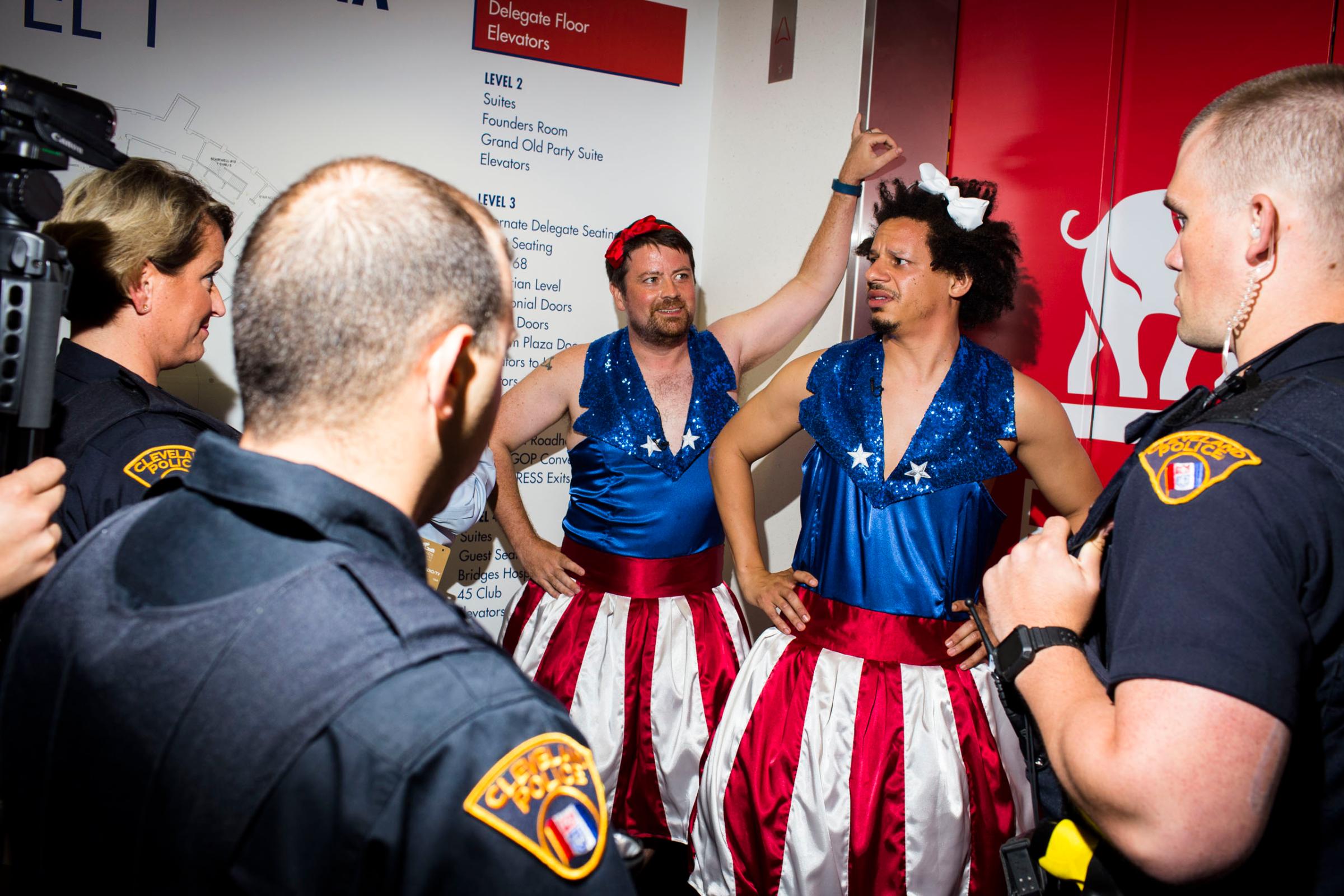 Comedian Eric Andre is escorted from the 2016 Republican National Convention in Cleveland on Tuesday, July 19, 2016.