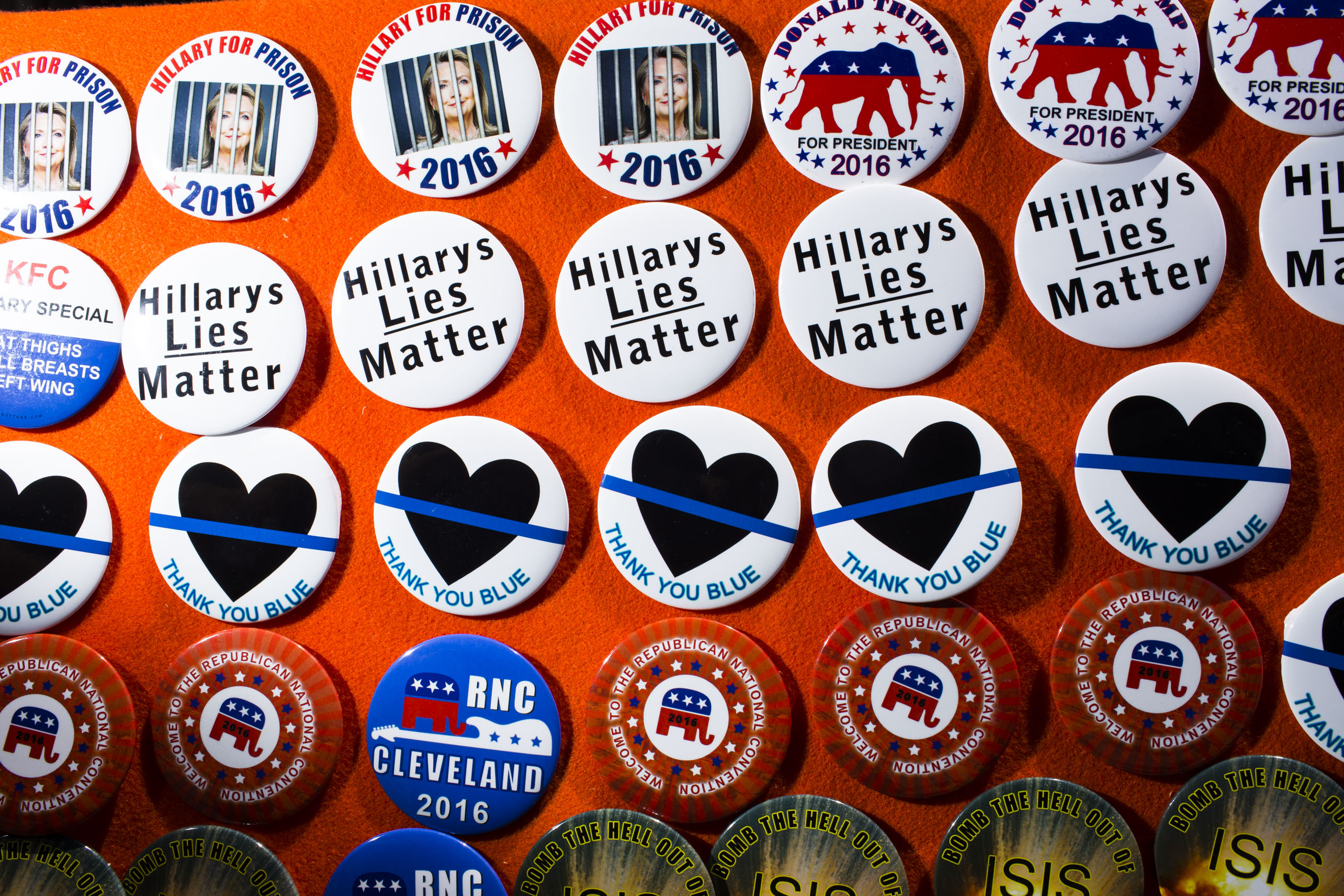 Buttons are displayed for sale outside the 2016 Republican National Convention in Cleveland on Tuesday, July 19, 2016.