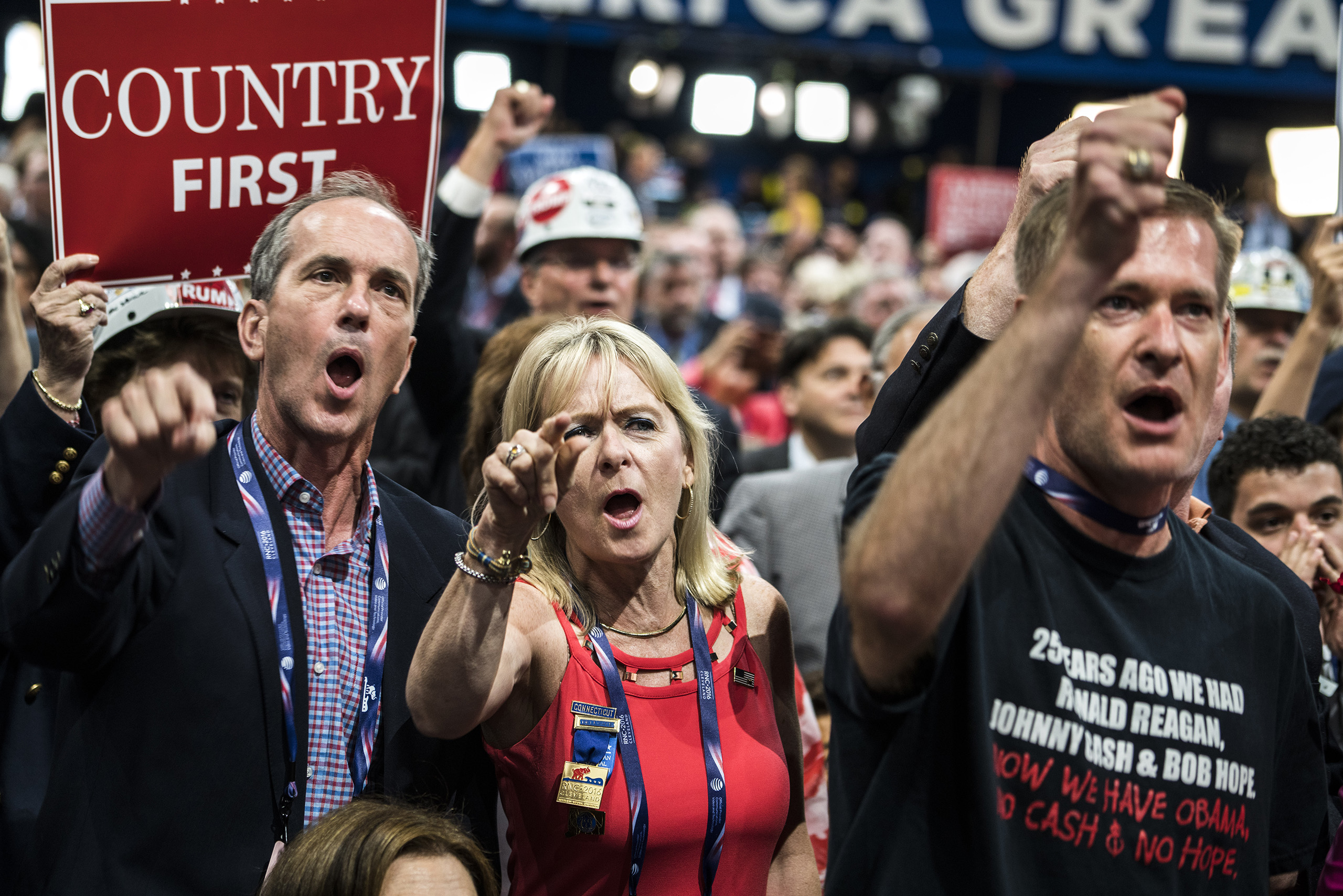 Delegates react to Ted Cruz during his contoversial speech where he refused to endorse presidential candidate Donald Trump on July 20, 2016, at the Quicken Loans Arena in Cleveland, Ohio. (Ben Lowy for TIME)