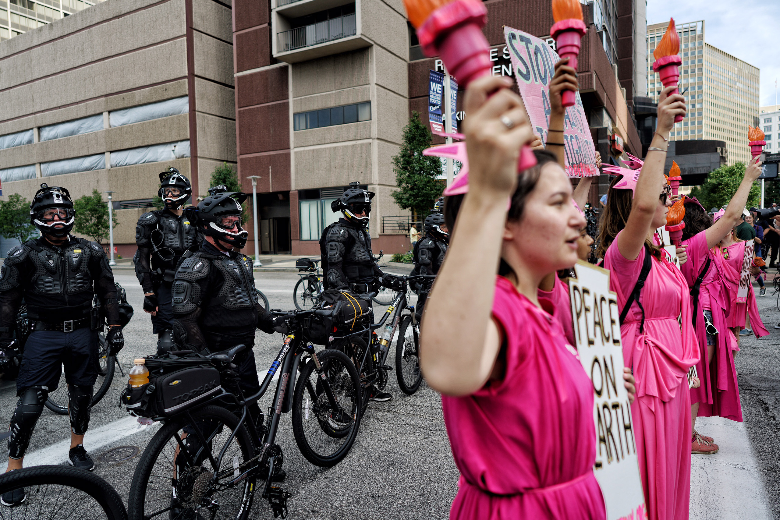 Protestors from Code Pink rally amid preparations for start of the Republican National Convention on July 17, 2016, in Cleveland, Ohio.