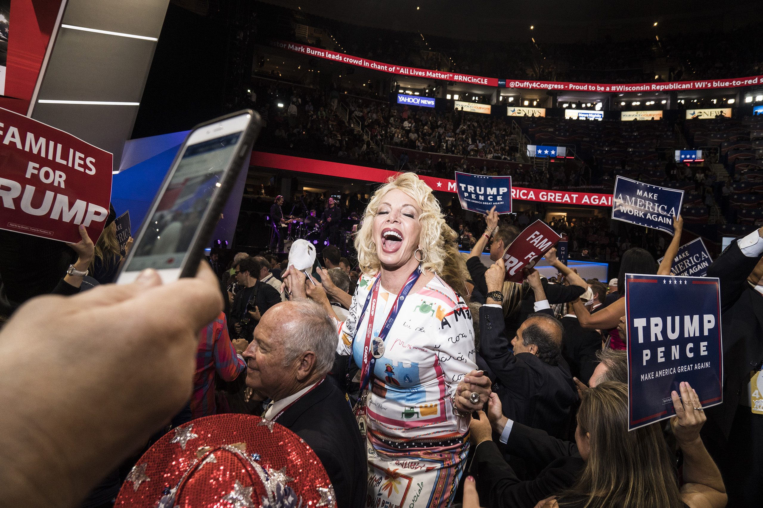 A Trump supporter celebrates at the end of  the Republican National Convention on July 21, 2016 at the Quicken Loans Arena in Cleveland, Ohio.