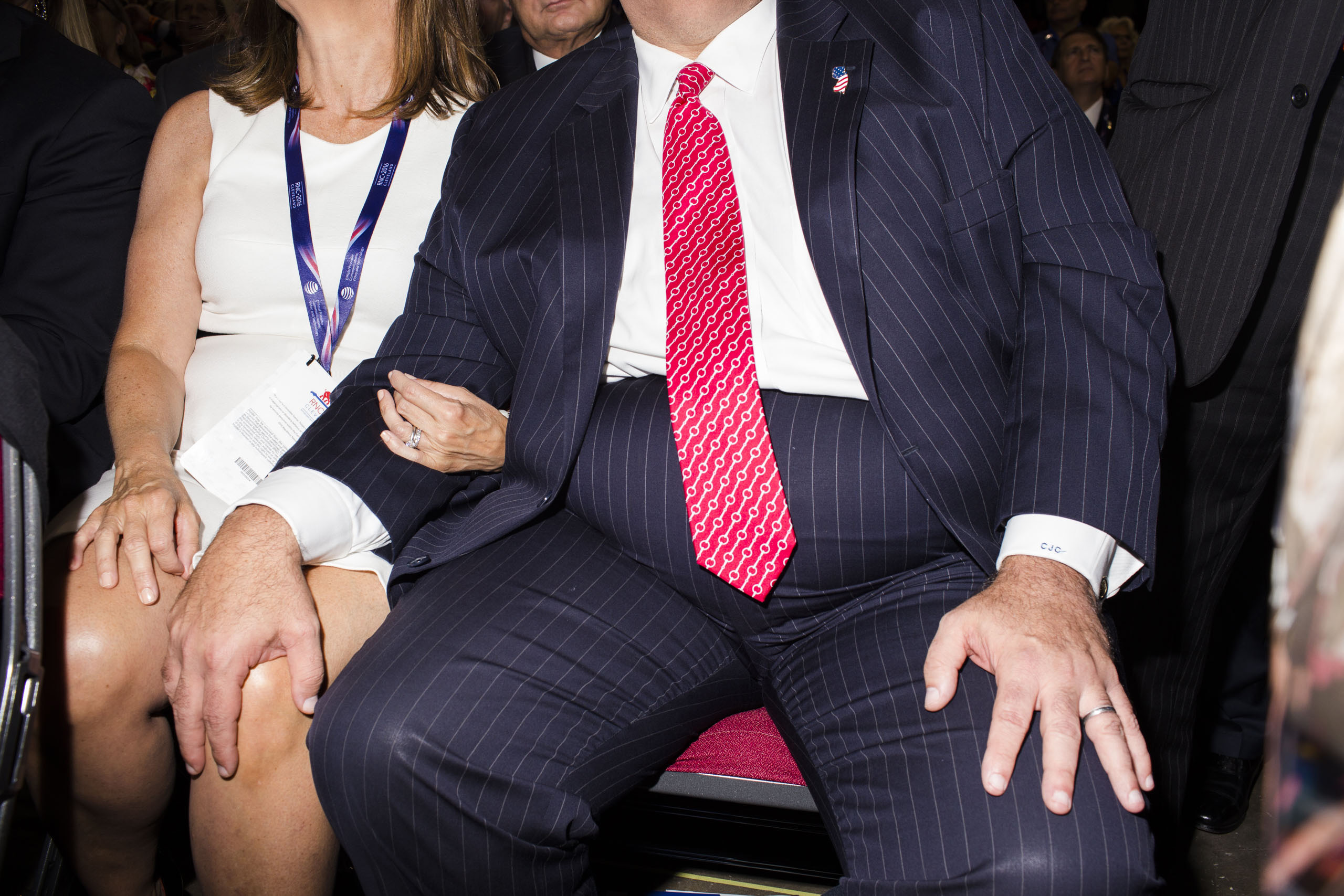 New Jersey Gov. Chris Christie and his wife Mary Pat Christie seated at the 2016 Republican National Convention in Cleveland, on July 19, 2016.