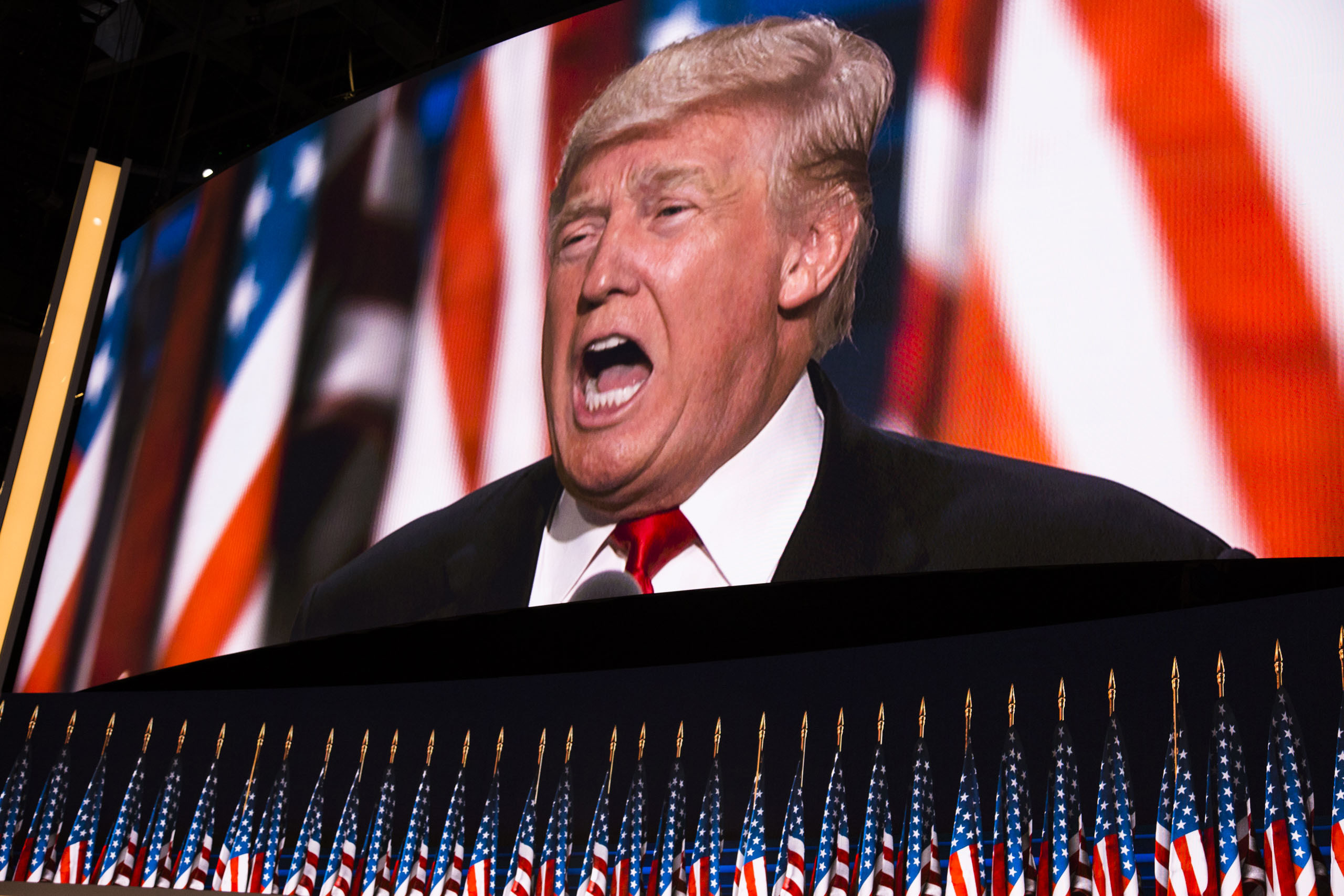 Donald Trump delivers a speech during the evening session on the fourth day of the Republican National Convention at the Quicken Loans Arena in Cleveland, Ohio, on July 21, 2016. (Landon Nordeman for TIME)