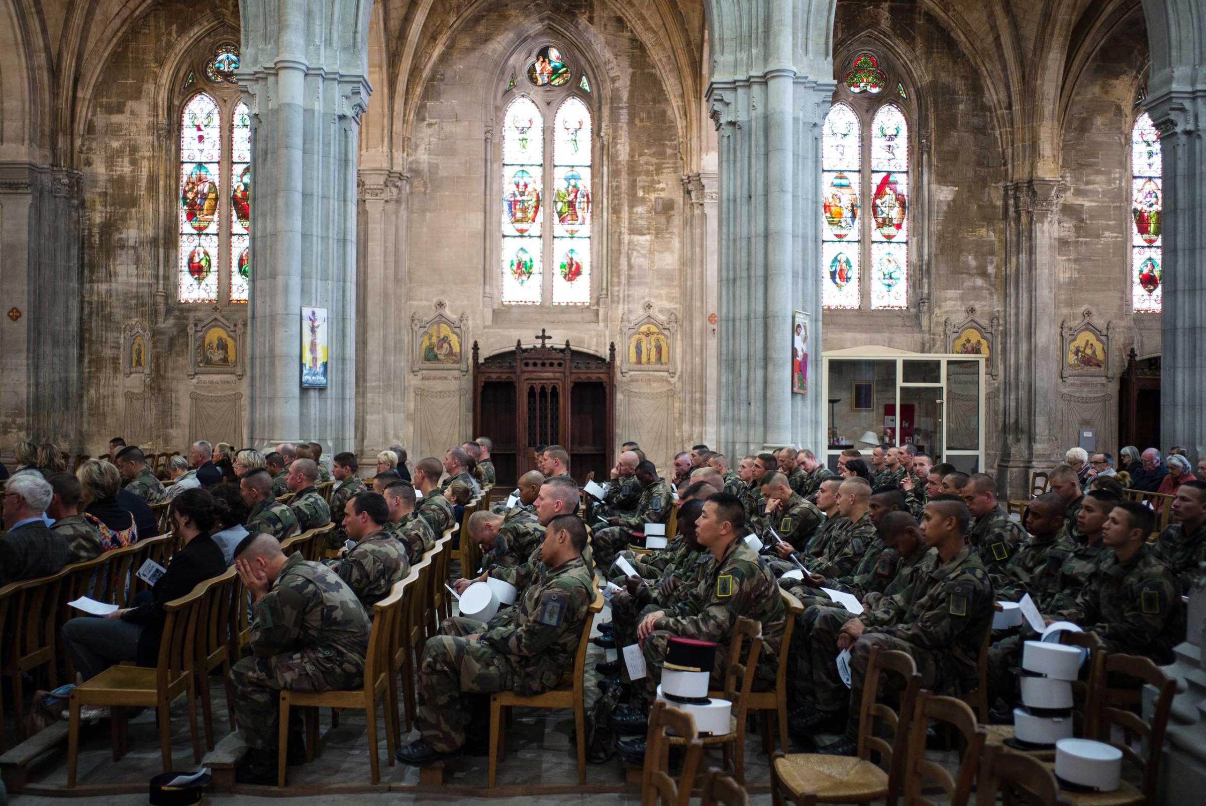 On April 29 and 30 - called Camerone Day, France celebrates its Foreign Legion. Legionaries attend a ceremony at the Christian Catholic Church of Sainte Baudile. Nimes, France. April 29, 2015.